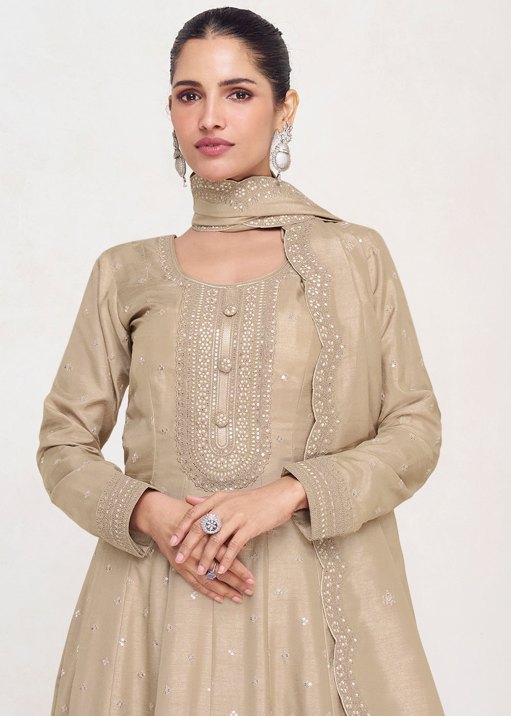 Brownish Grey Designer Embroidered Silk Anarkali Suit - qivii