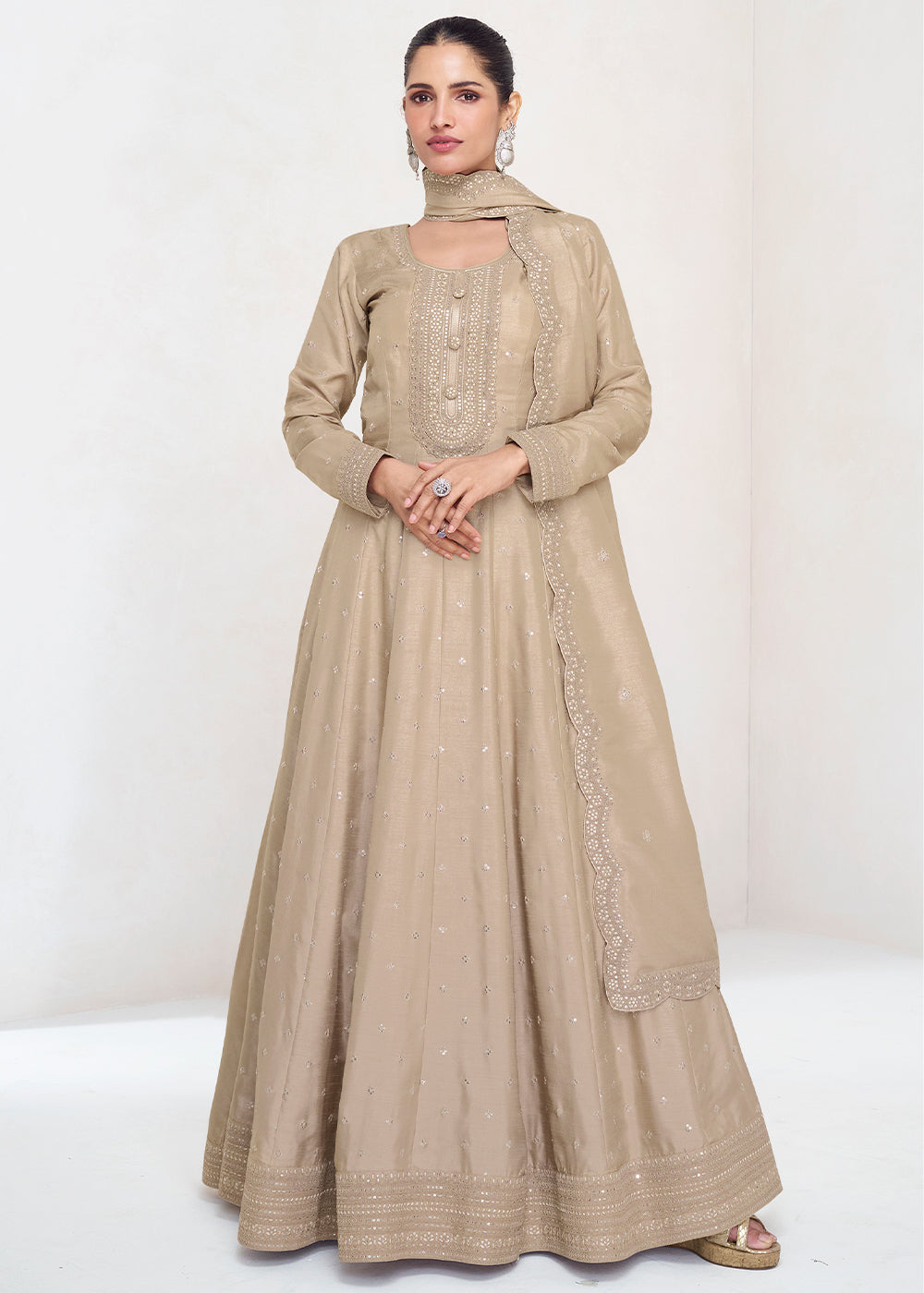 Brownish Grey Designer Embroidered Silk Anarkali Suit - qivii