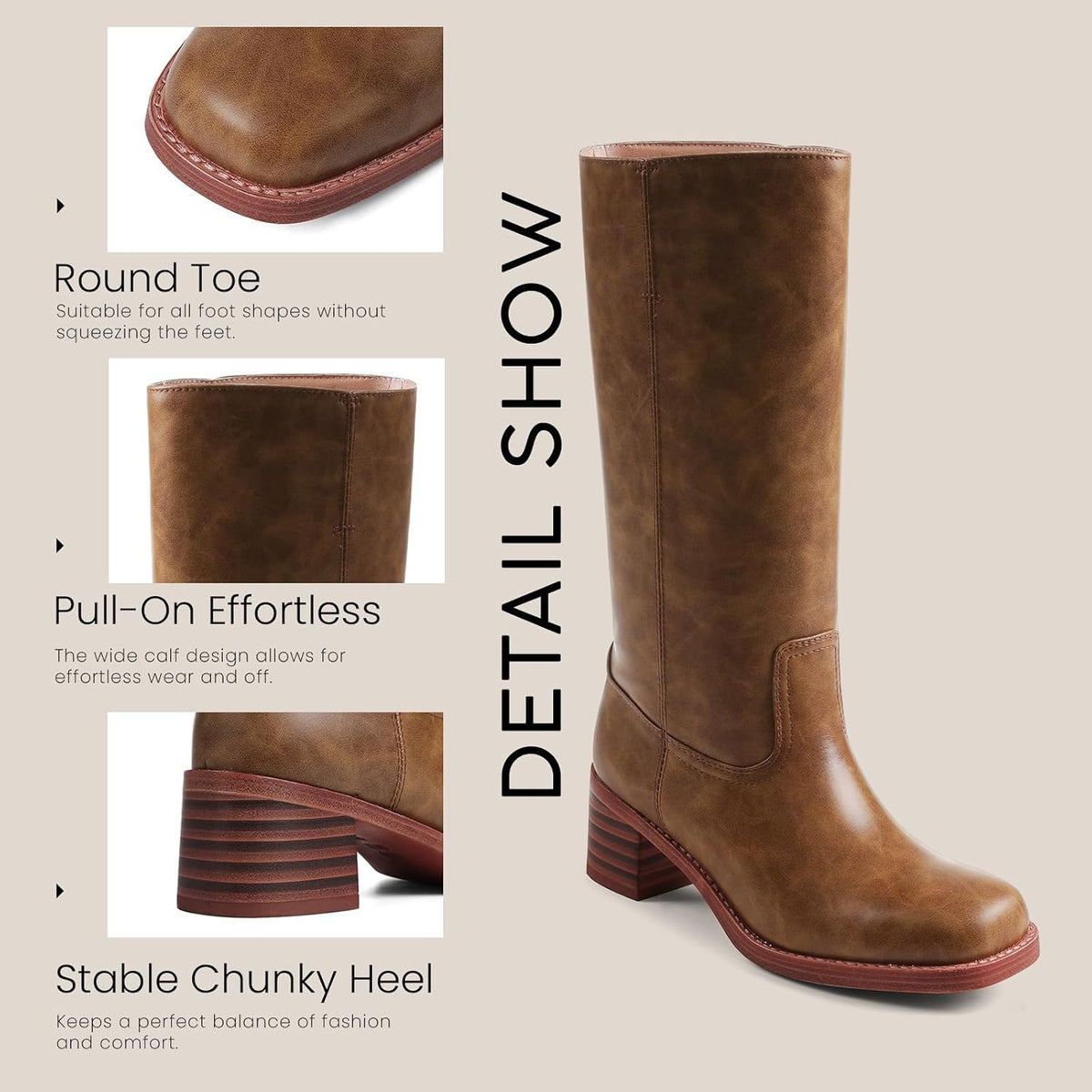 Women's Camden Knee-High Boots - Square Toe Low Block Heel Riding Boots with Wide Calf & Pull-On Design (US 4-11.5)