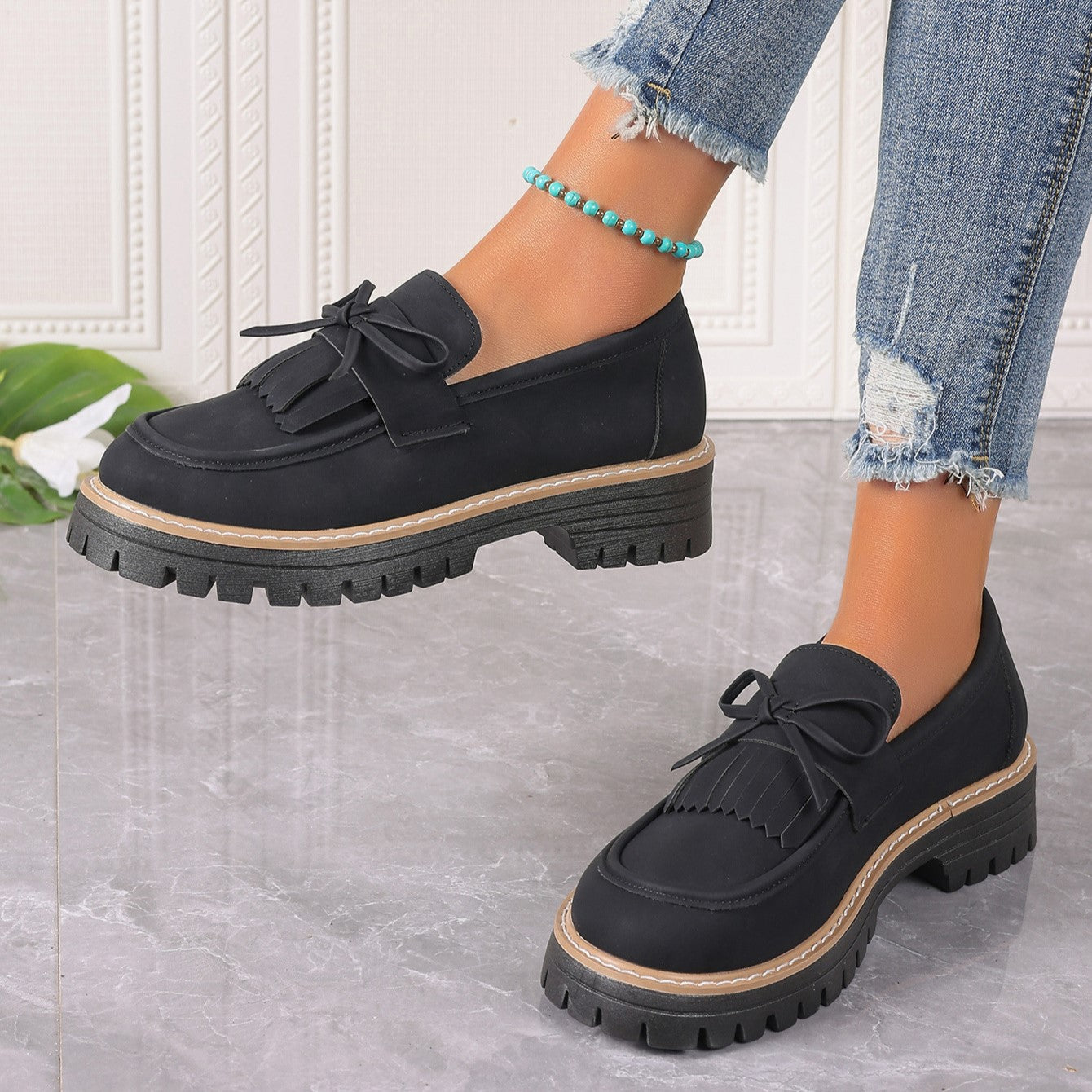 Women's Plus Size Chic Tassel Chunky Heel Bowknot Loafers Casual Shoes