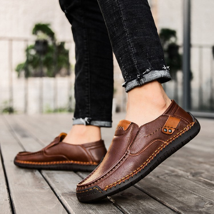 Hand-Stitched Men's Loafers Casual Outdoor Slip-On Genuine Leather Shoes