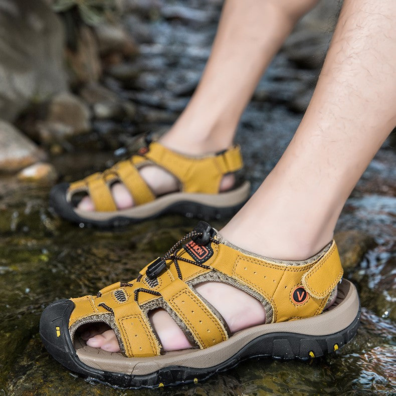 Men’s Summer Sandals Genuine Leather Beach Shoes with MD Midsole and Handcrafted Non Slip Slip Ons