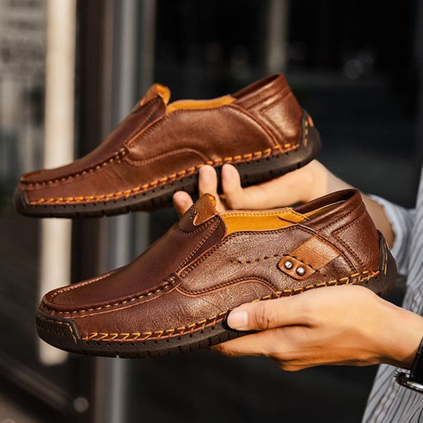 Hand-Stitched Men's Loafers Casual Outdoor Slip-On Genuine Leather Shoes