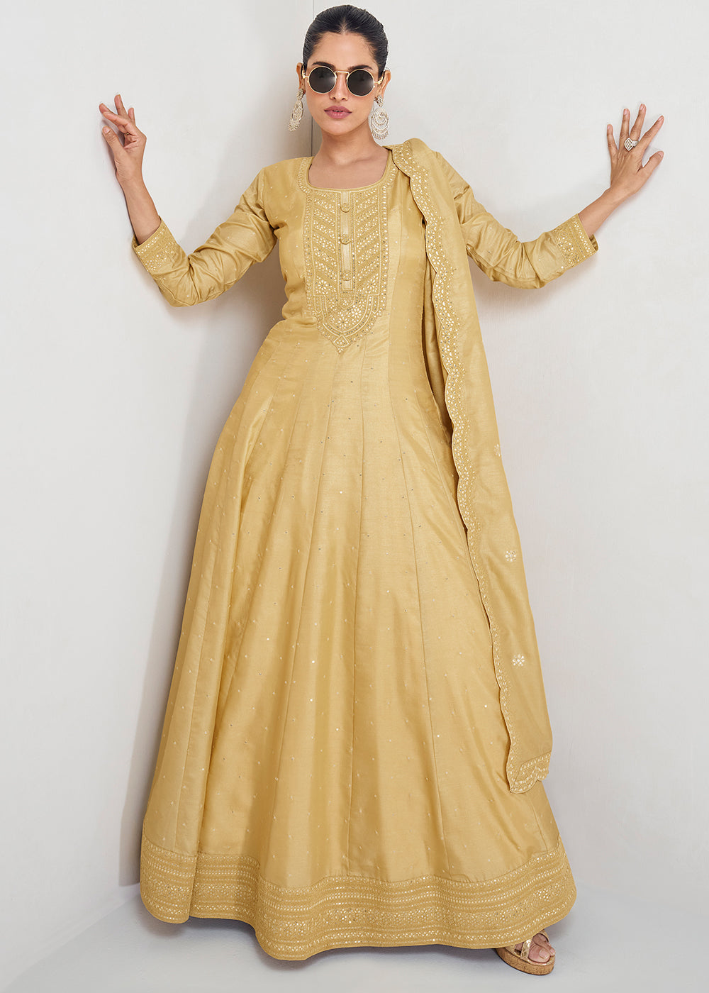 Flax Yellow Designer Embroidered Silk Anarkali Suit - qivii