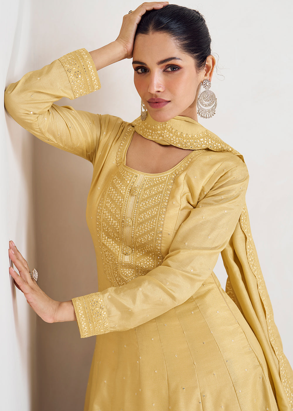 Flax Yellow Designer Embroidered Silk Anarkali Suit - qivii