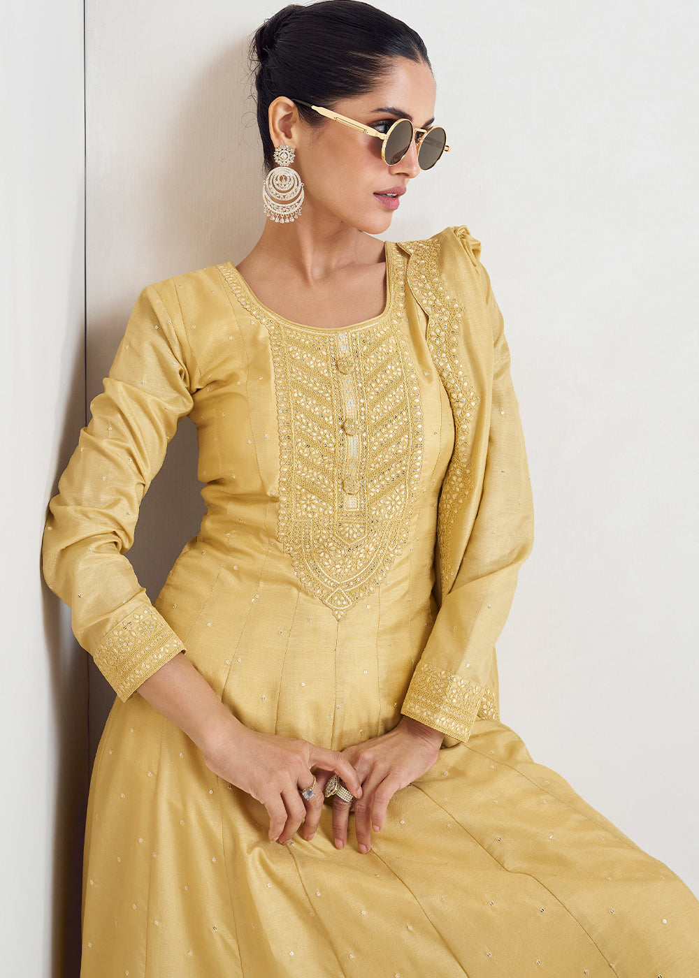 Flax Yellow Designer Embroidered Silk Anarkali Suit - qivii