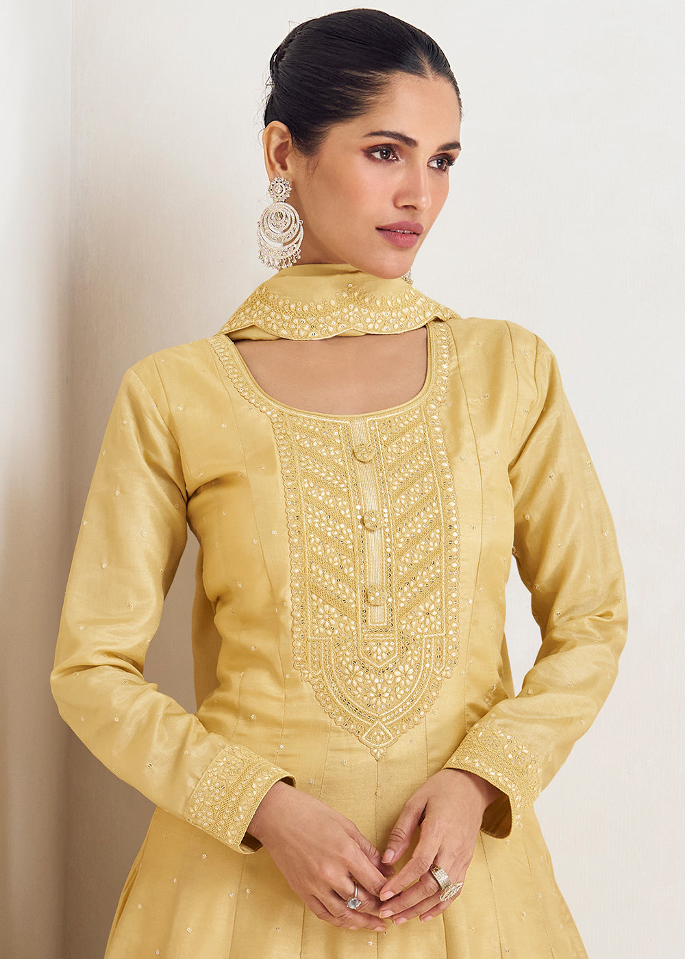 Flax Yellow Designer Embroidered Silk Anarkali Suit - qivii