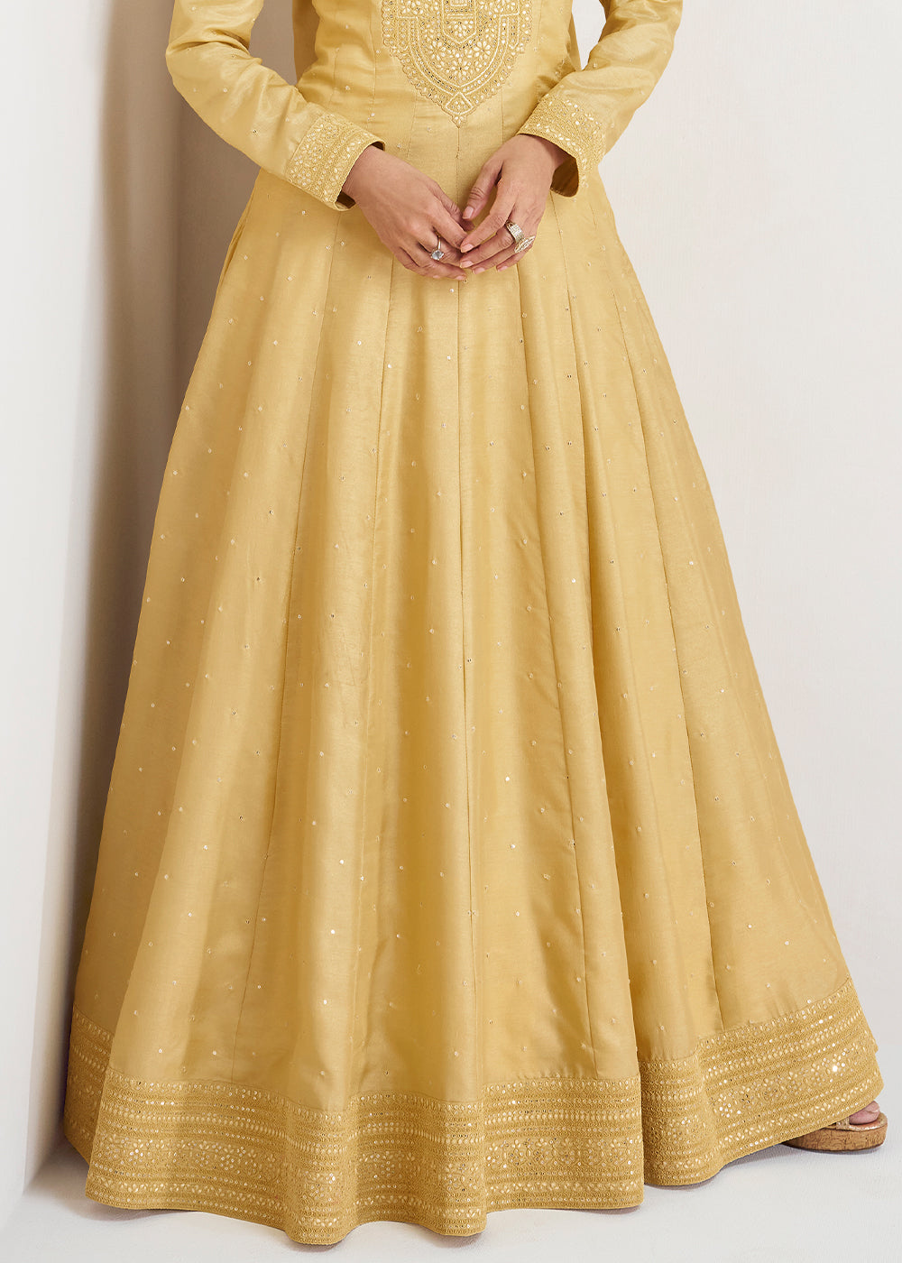 Flax Yellow Designer Embroidered Silk Anarkali Suit - qivii