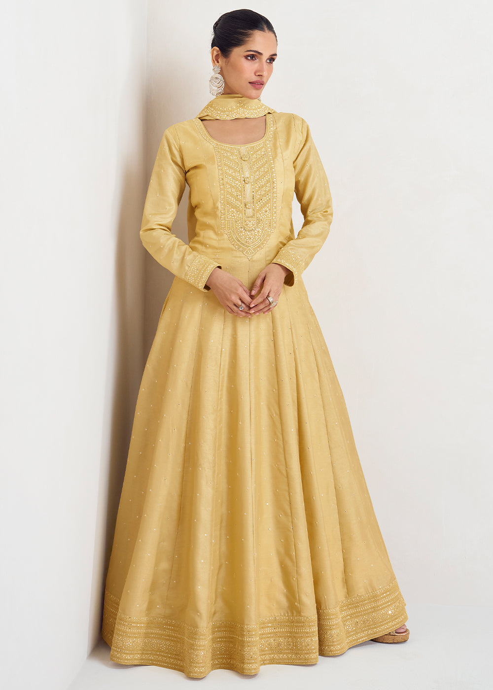 Flax Yellow Designer Embroidered Silk Anarkali Suit - qivii