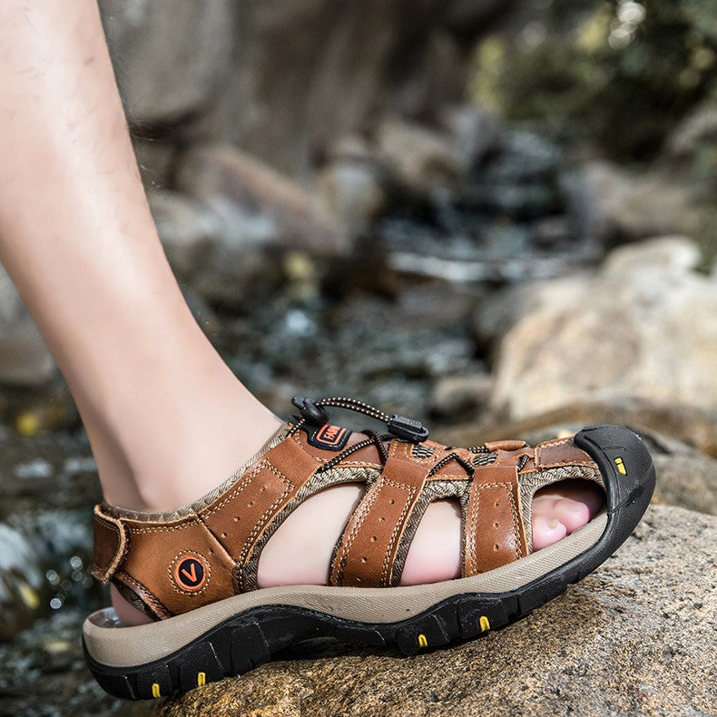 Men’s Summer Sandals Genuine Leather Beach Shoes with MD Midsole and Handcrafted Non Slip Slip Ons