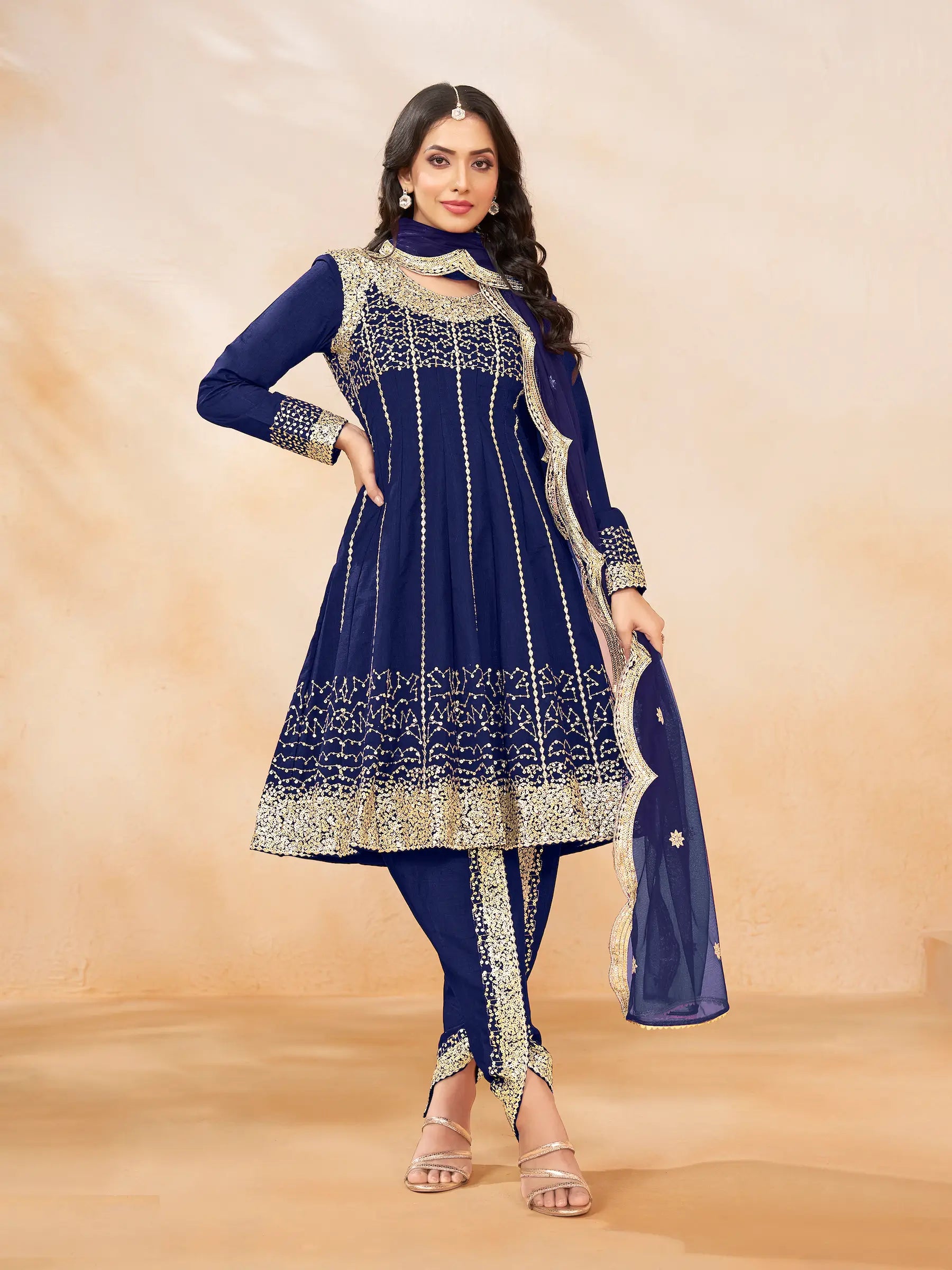 Navy Blue Art Silk Kurta & Dhoti Set With Thread & Sequence Embroidery Work - qivii