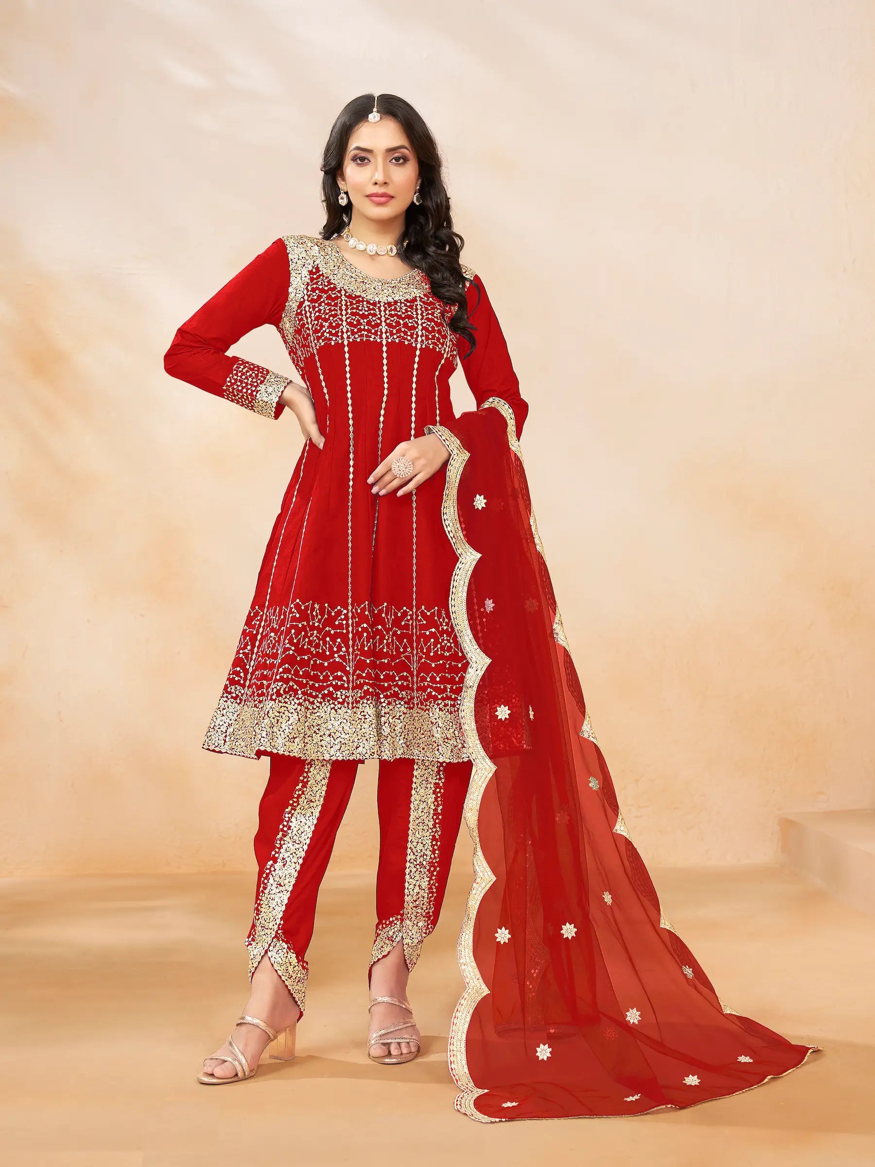 Red Art Silk Kurta & Dhoti Set With Thread & Sequence Embroidery Work - qivii