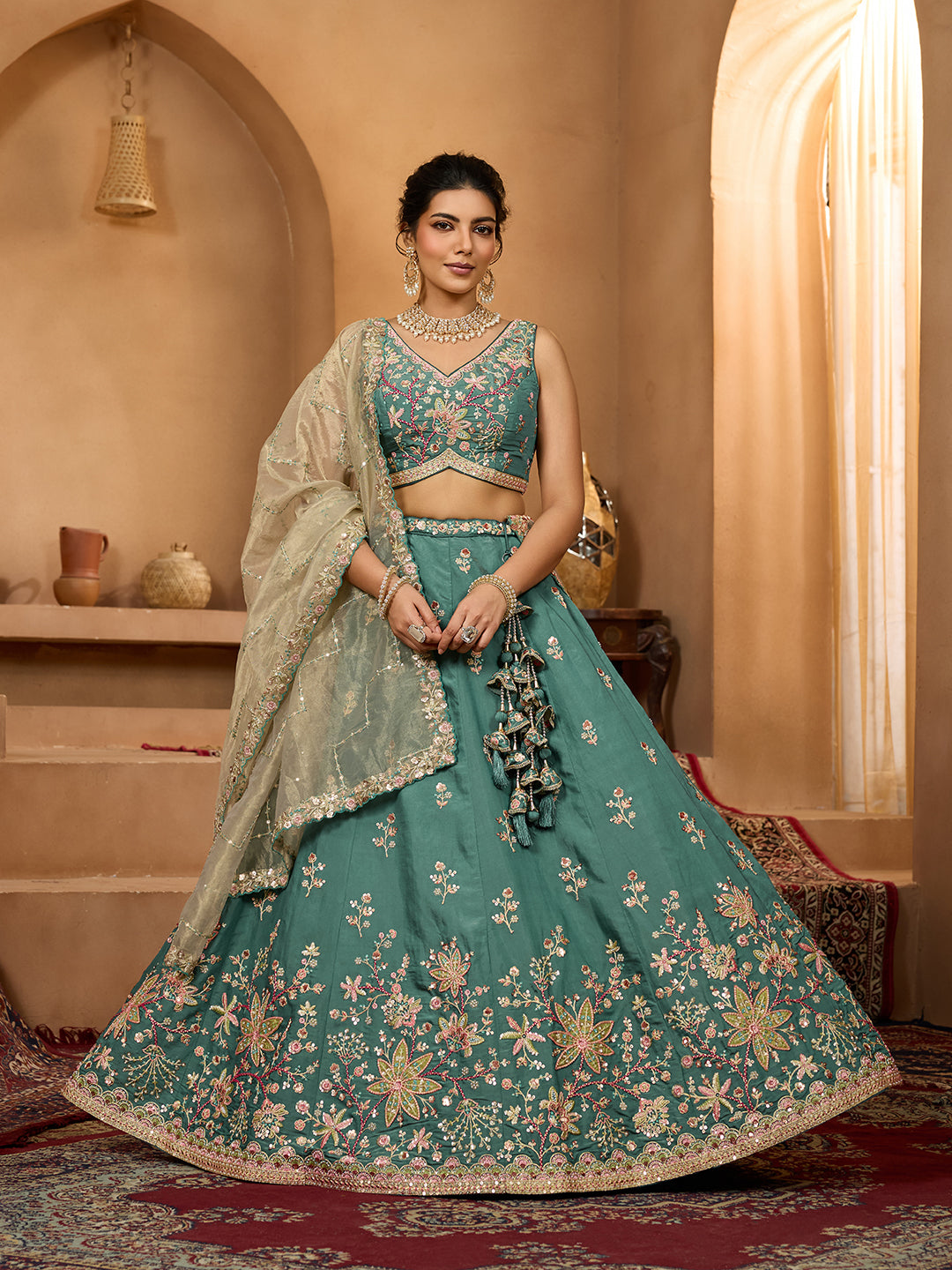 Green- Georgette Fabric Sequins embroidery Semi-Stitched Lehenga & Unstitched Blouse With Dupatta - qivii