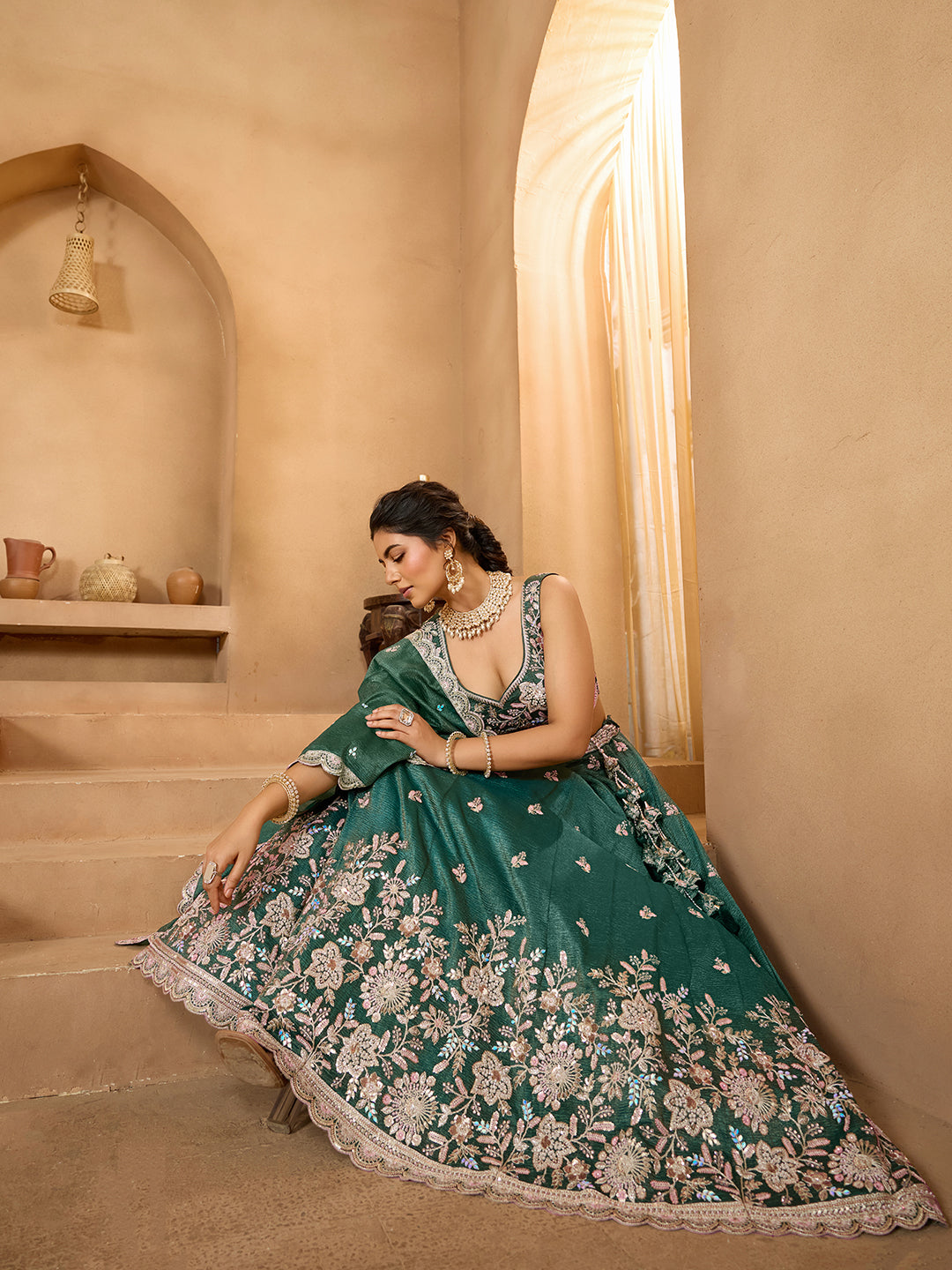 Green- Tissue Fabric Sequins embroidery Semi-Stitched Lehenga & Unstitched Blouse With Dupatta - qivii