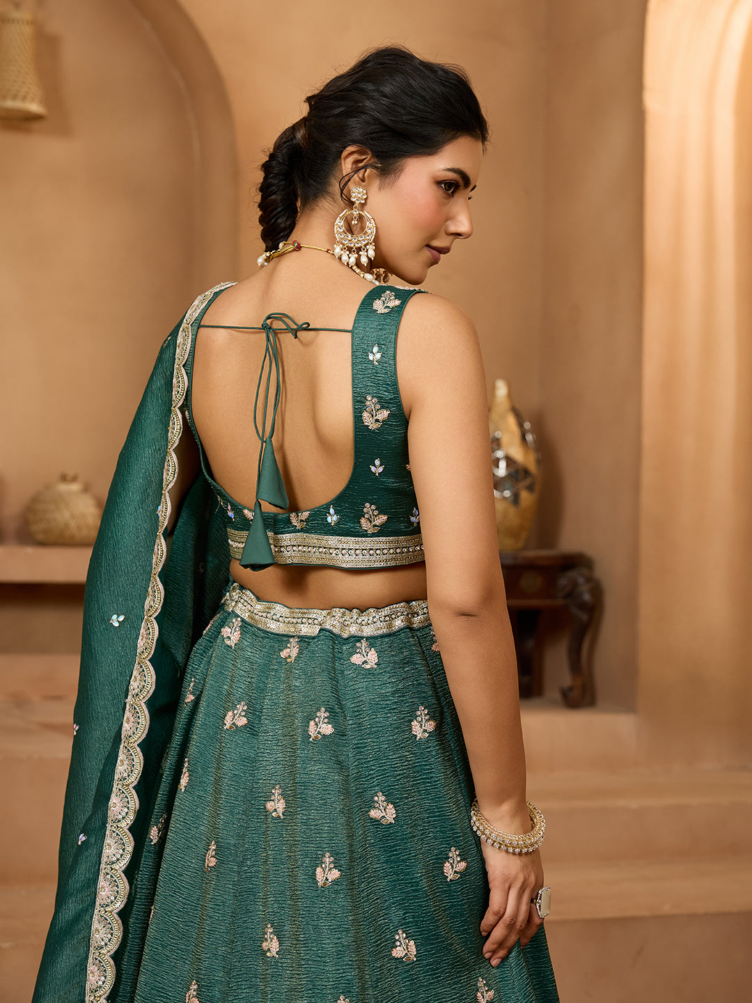 Green- Tissue Fabric Sequins embroidery Semi-Stitched Lehenga & Unstitched Blouse With Dupatta - qivii