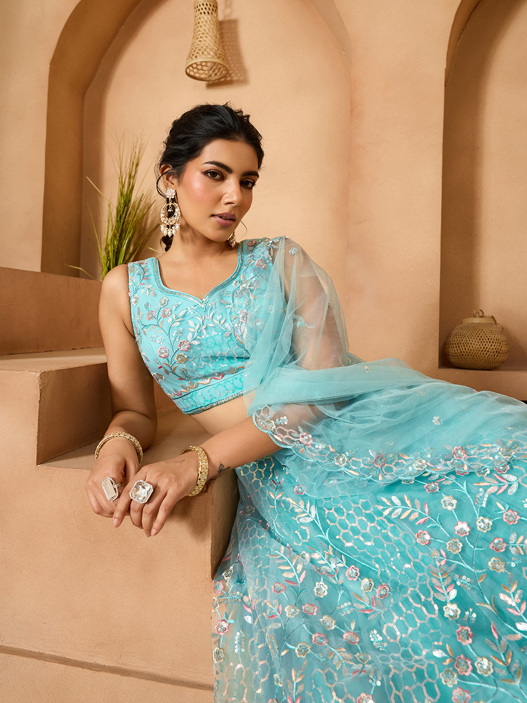 Seagreen- Net Fabric Sequins embroidery Semi-Stitched Lehenga & Unstitched Blouse With Dupatta - qivii