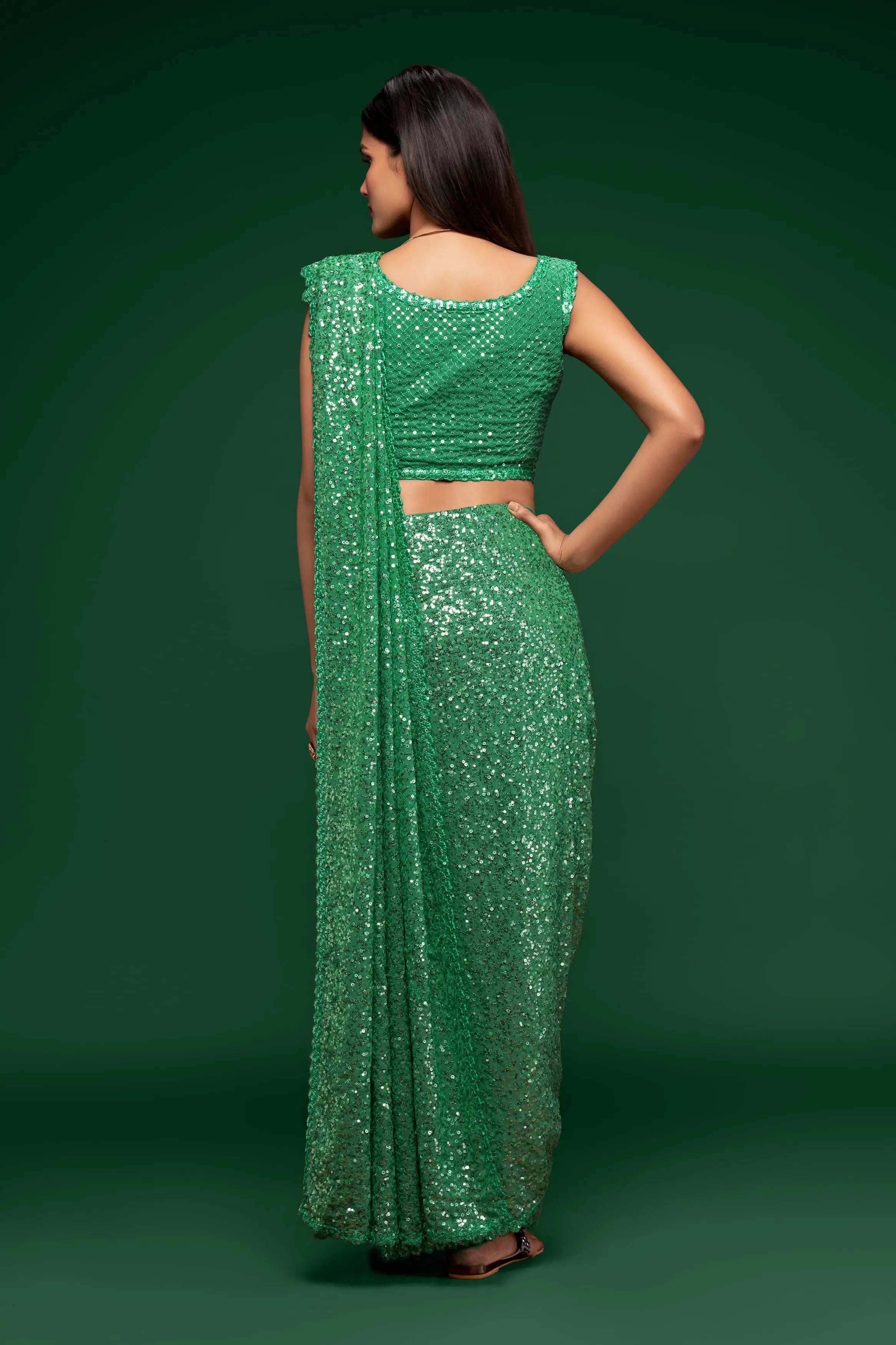 Mint Green Georgette with Thread And Multiple Sequins Embroidery Work - qivii