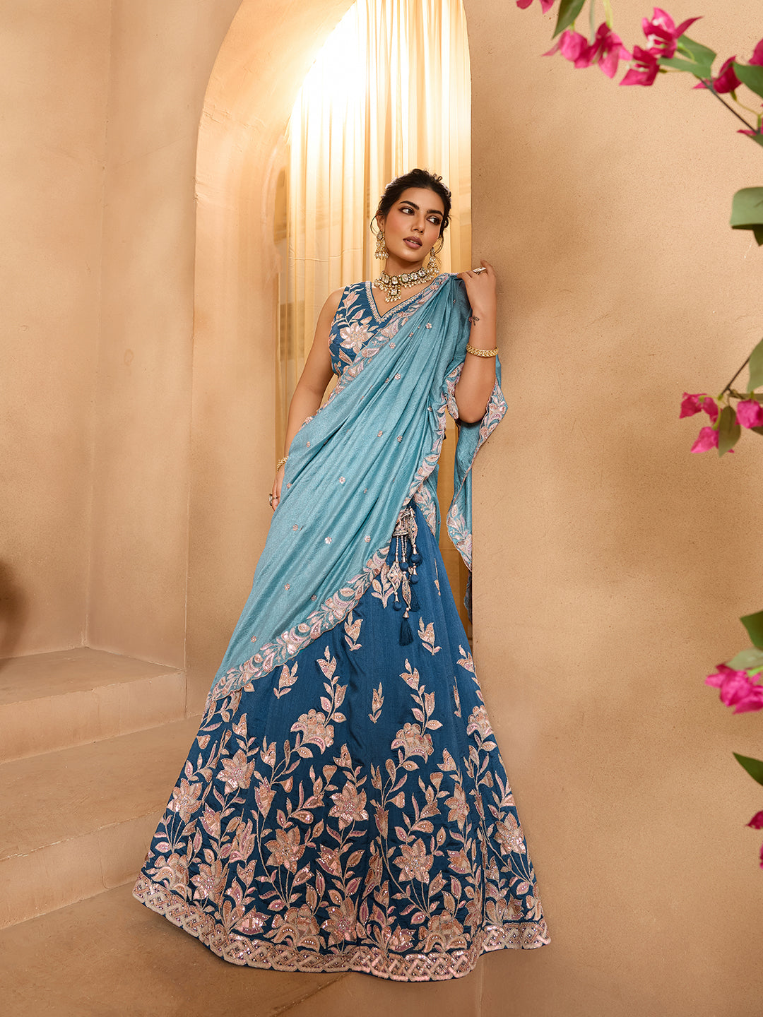 Teal- Silk Fabric Sequins embroidery Semi-Stitched Lehenga & Unstitched Blouse With Dupatta - qivii