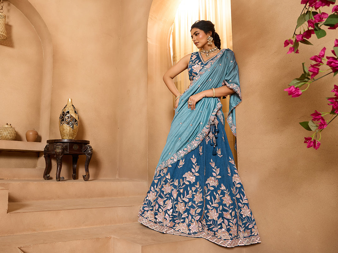Teal- Silk Fabric Sequins embroidery Semi-Stitched Lehenga & Unstitched Blouse With Dupatta - qivii
