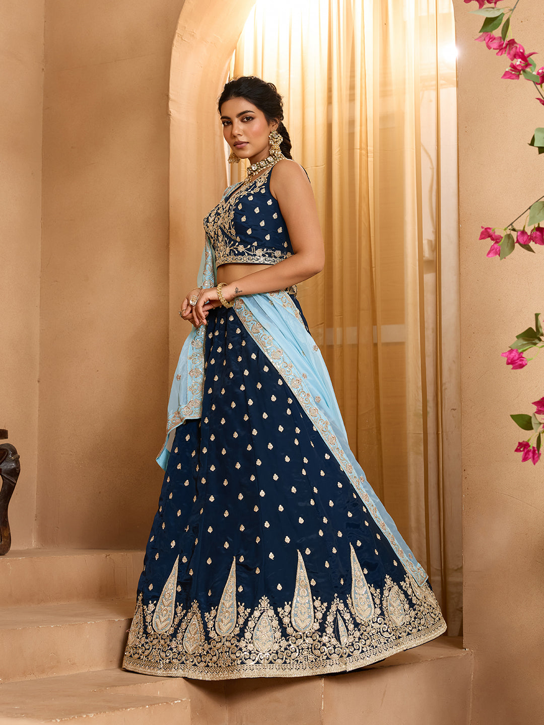 Navyblue- Organza Fabric Sequins embroidery Semi-Stitched Lehenga & Unstitched Blouse With Dupatta - qivii