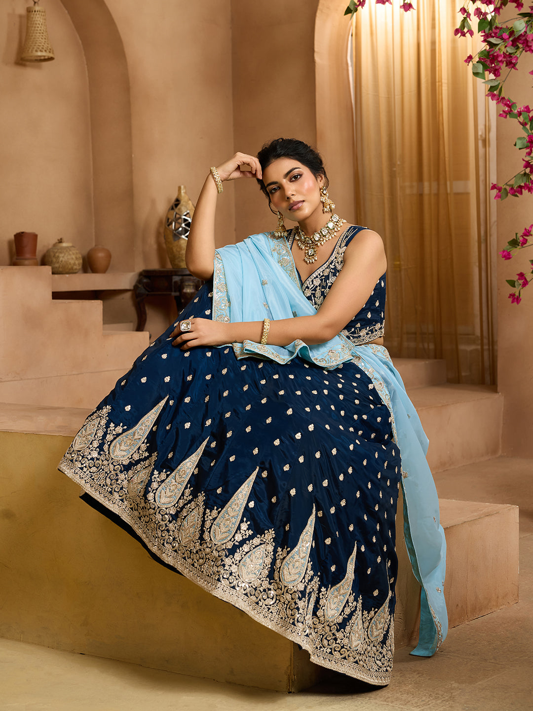 Navyblue- Organza Fabric Sequins embroidery Semi-Stitched Lehenga & Unstitched Blouse With Dupatta - qivii
