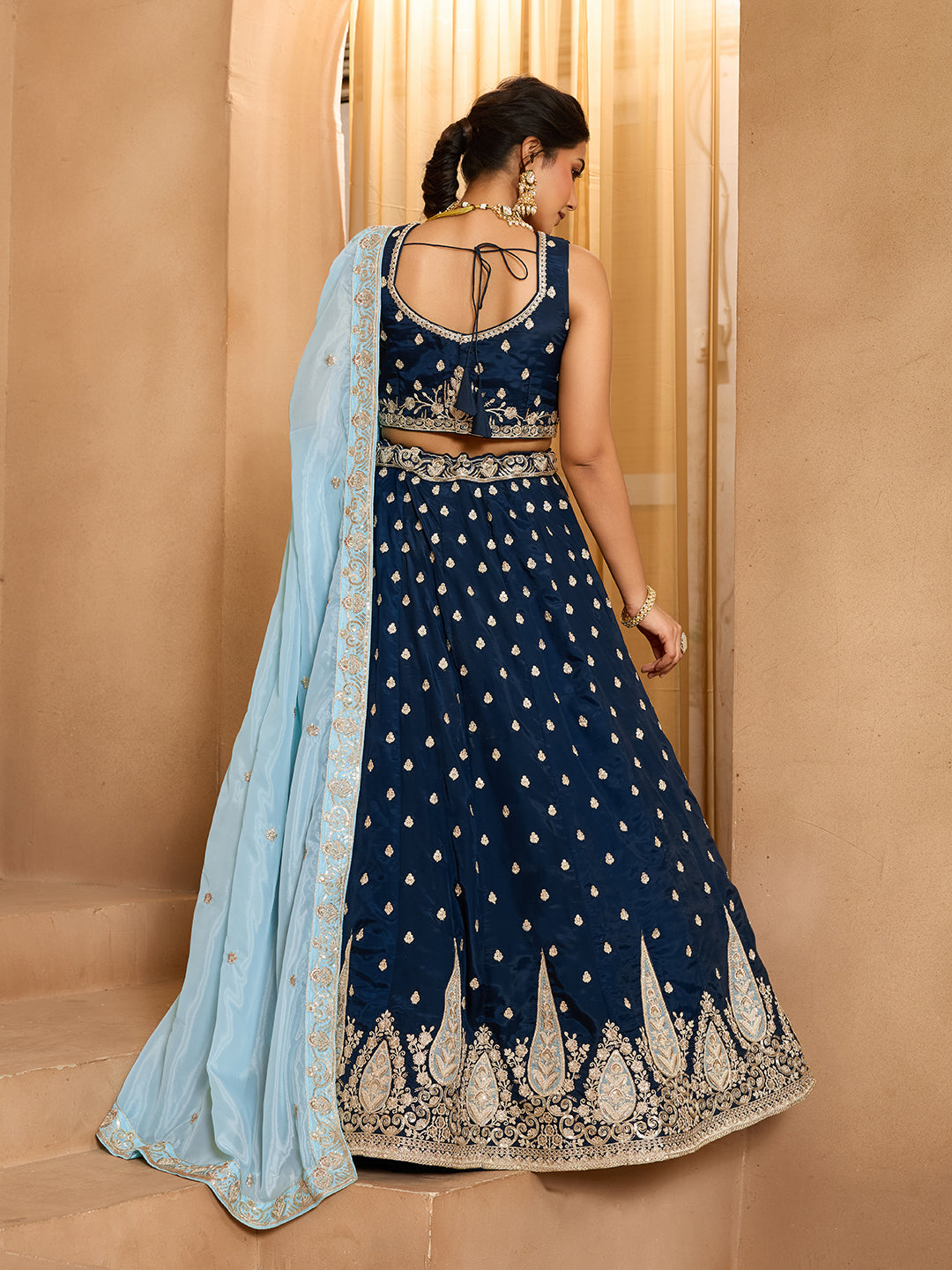 Navyblue- Organza Fabric Sequins embroidery Semi-Stitched Lehenga & Unstitched Blouse With Dupatta - qivii