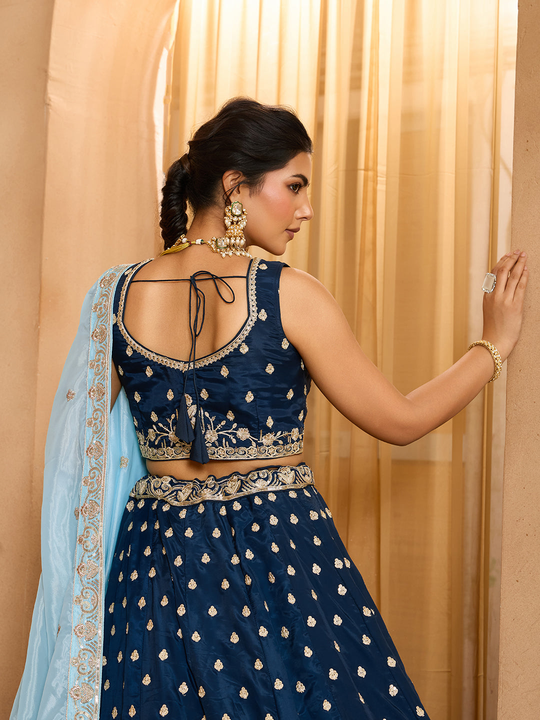 Navyblue- Organza Fabric Sequins embroidery Semi-Stitched Lehenga & Unstitched Blouse With Dupatta - qivii