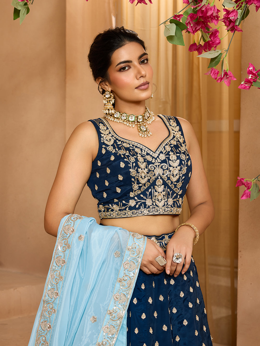 Navyblue- Organza Fabric Sequins embroidery Semi-Stitched Lehenga & Unstitched Blouse With Dupatta - qivii