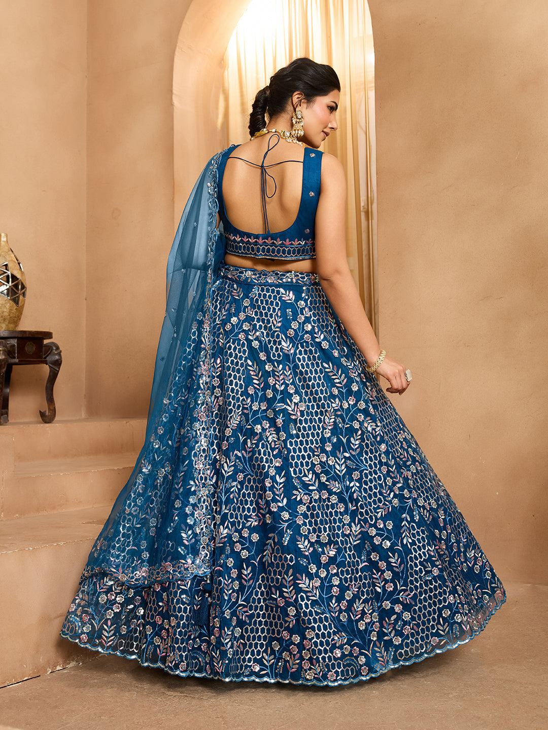 Navyblue- Net Fabric Sequins embroidery Semi-Stitched Lehenga & Unstitched Blouse With Dupatta - qivii