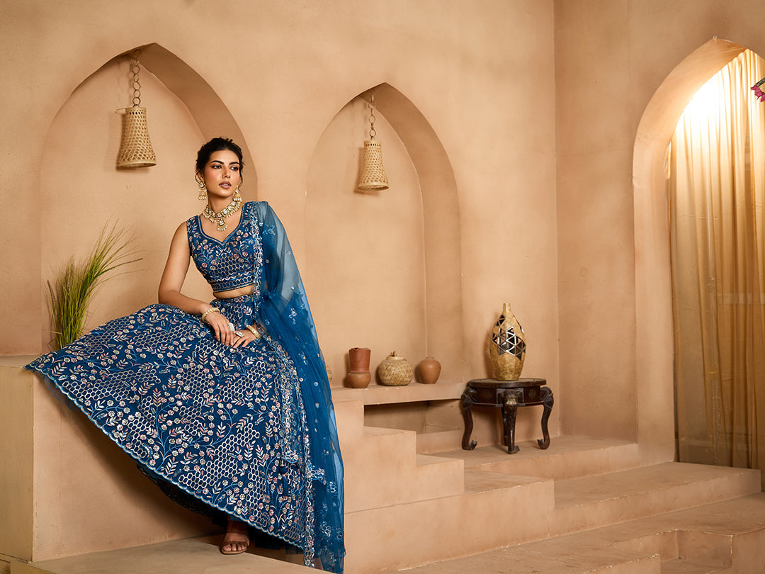 Navyblue- Net Fabric Sequins embroidery Semi-Stitched Lehenga & Unstitched Blouse With Dupatta - qivii