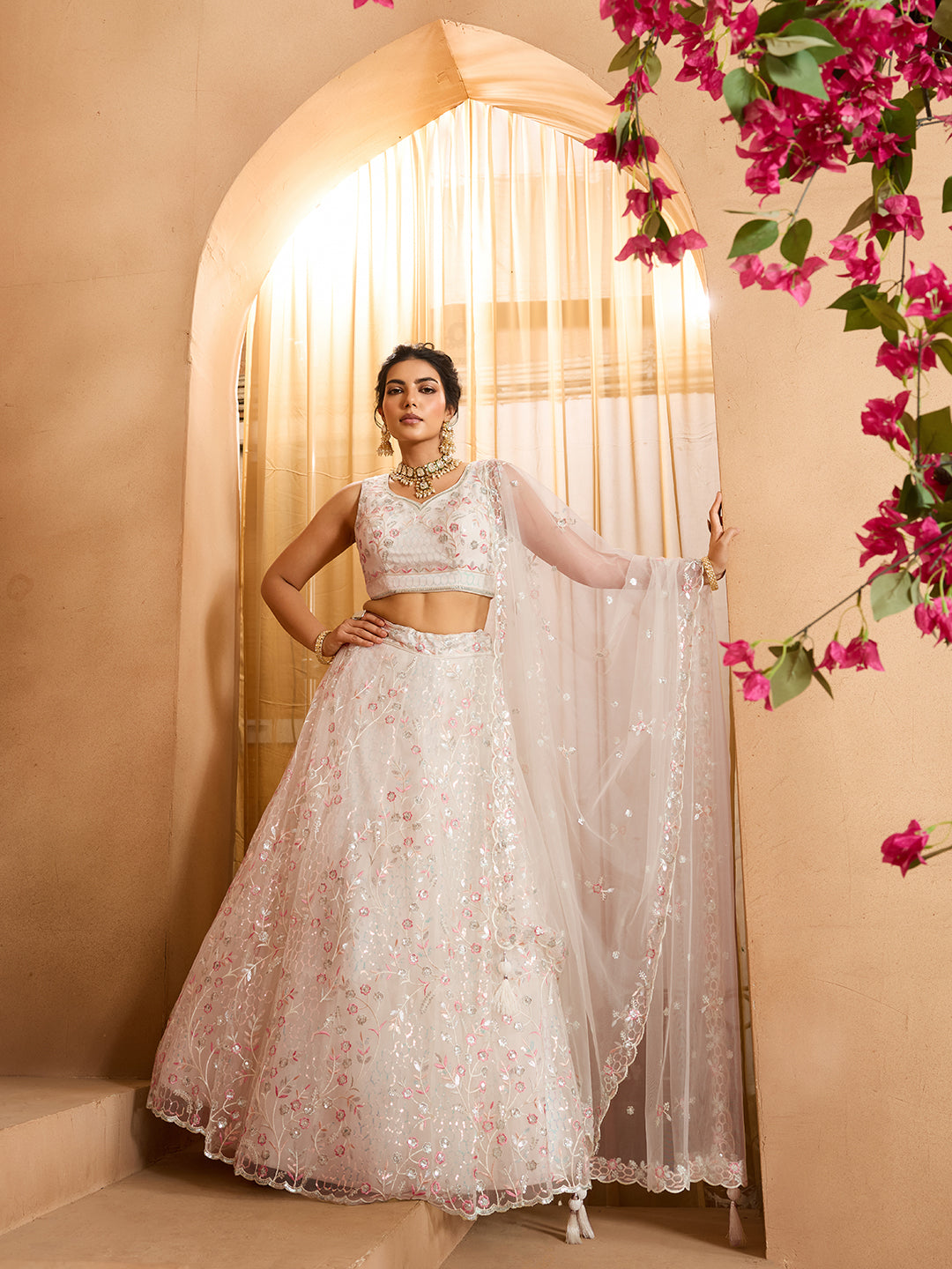 Cream- Net Fabric Sequins embroidery Semi-Stitched Lehenga & Unstitched Blouse With Dupatta - qivii