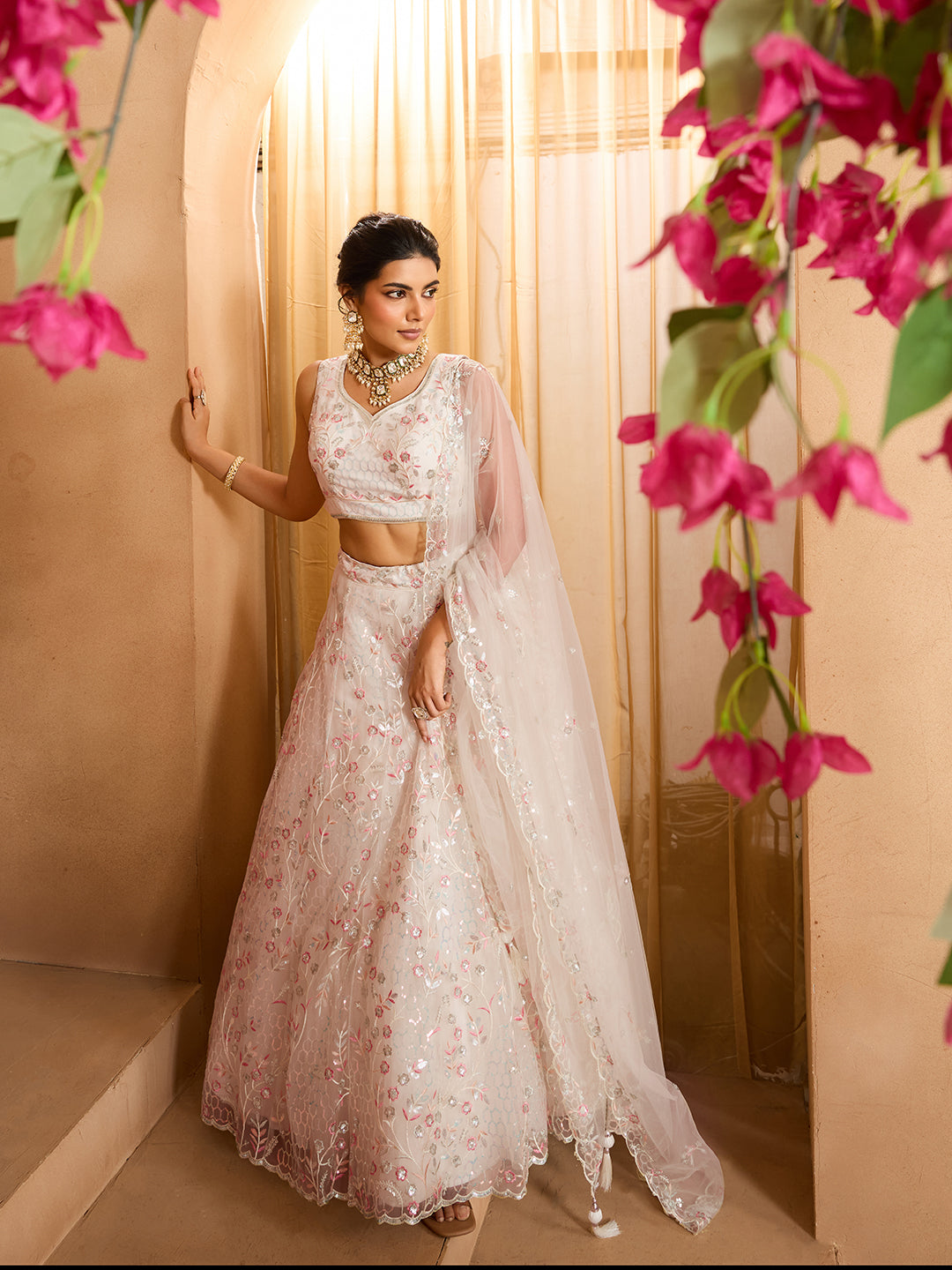 Cream- Net Fabric Sequins embroidery Semi-Stitched Lehenga & Unstitched Blouse With Dupatta - qivii