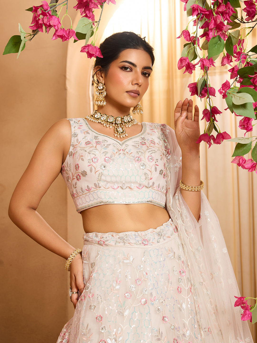 Cream- Net Fabric Sequins embroidery Semi-Stitched Lehenga & Unstitched Blouse With Dupatta - qivii
