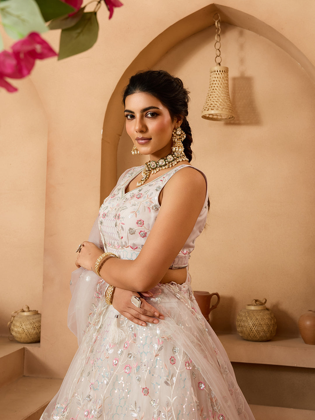 Cream- Net Fabric Sequins embroidery Semi-Stitched Lehenga & Unstitched Blouse With Dupatta - qivii