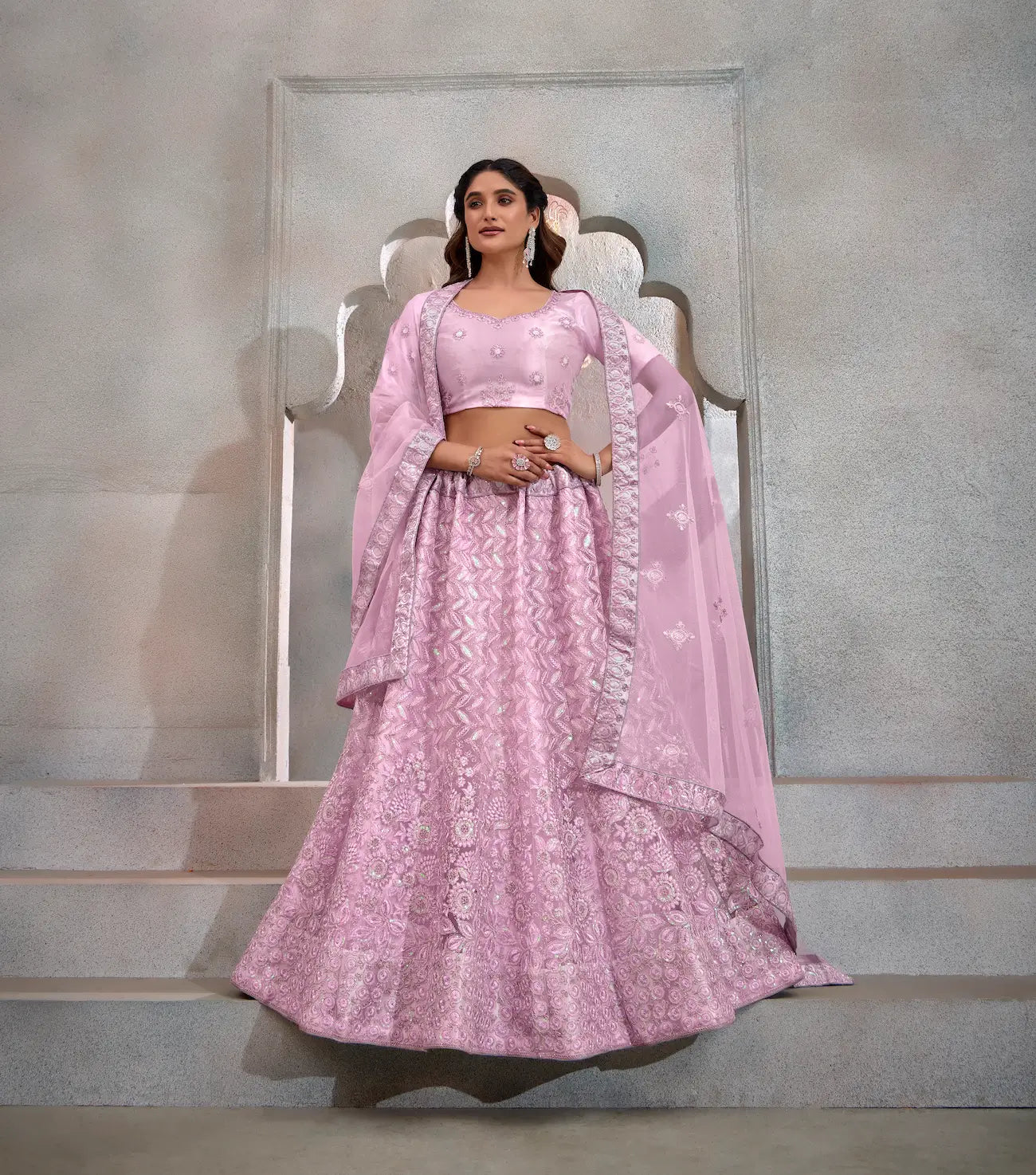 Lavender Net Thread & Sequence Embroidery Work Lehenga Choli - qivii