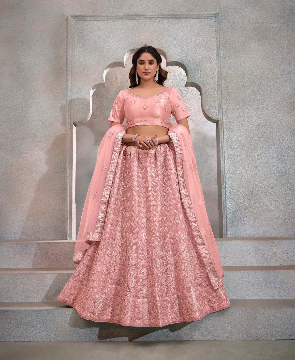 Peach Net Thread & Sequence Embroidery Work Lehenga Choli - qivii