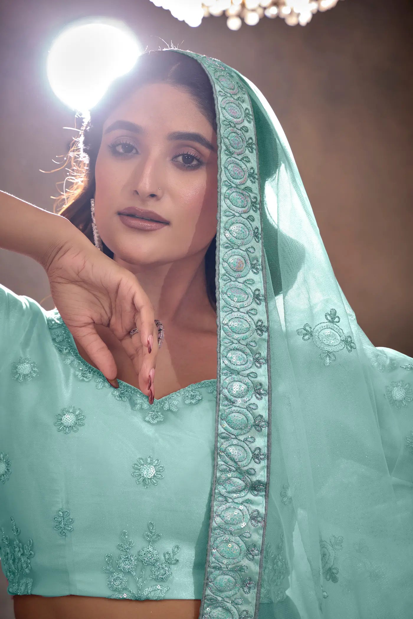 Turquoise Blue Net Thread & Sequence Embroidery Work Lehenga Choli - qivii