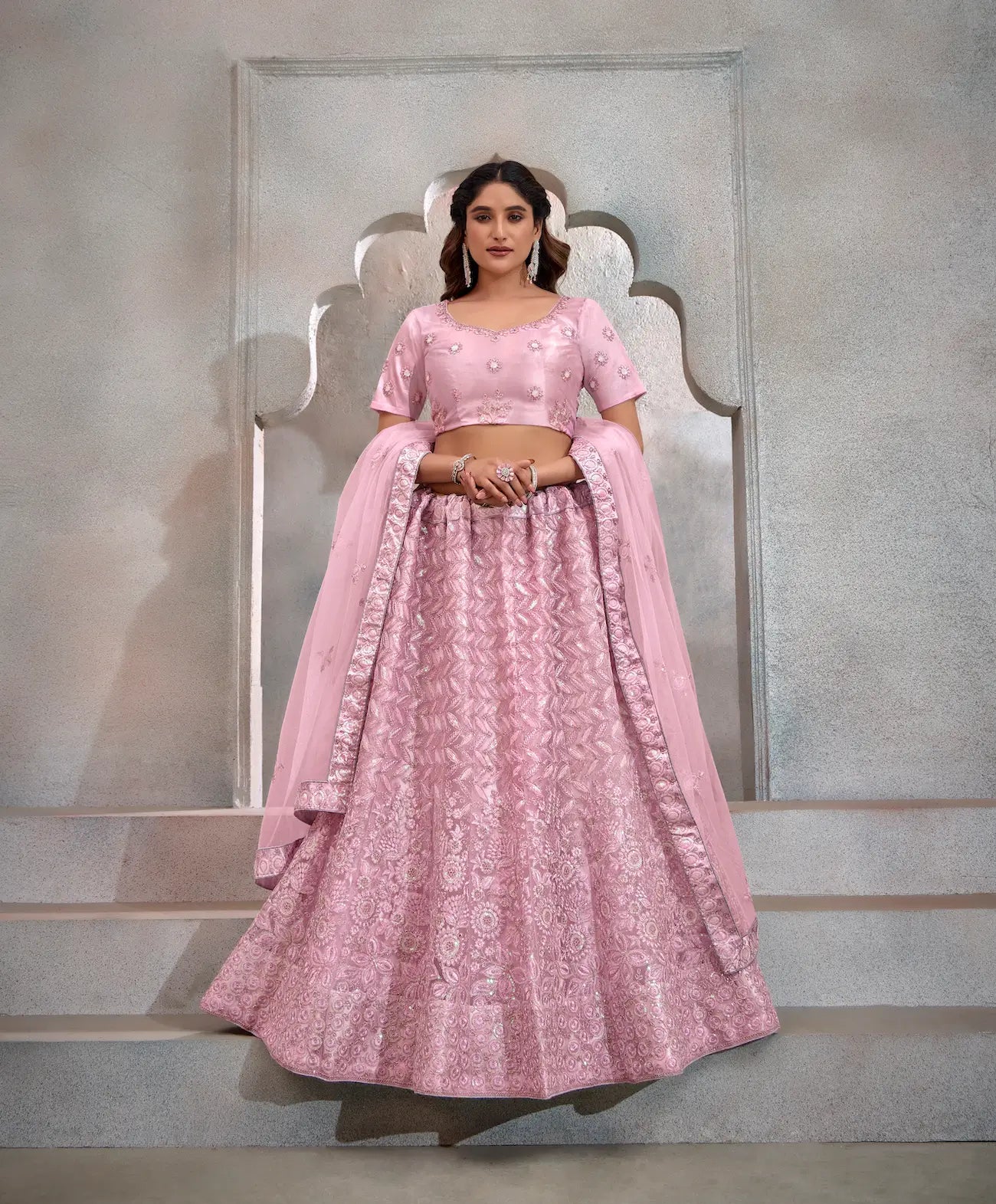 Light Pink Net Thread & Sequence Embroidery Work Lehenga Choli - qivii