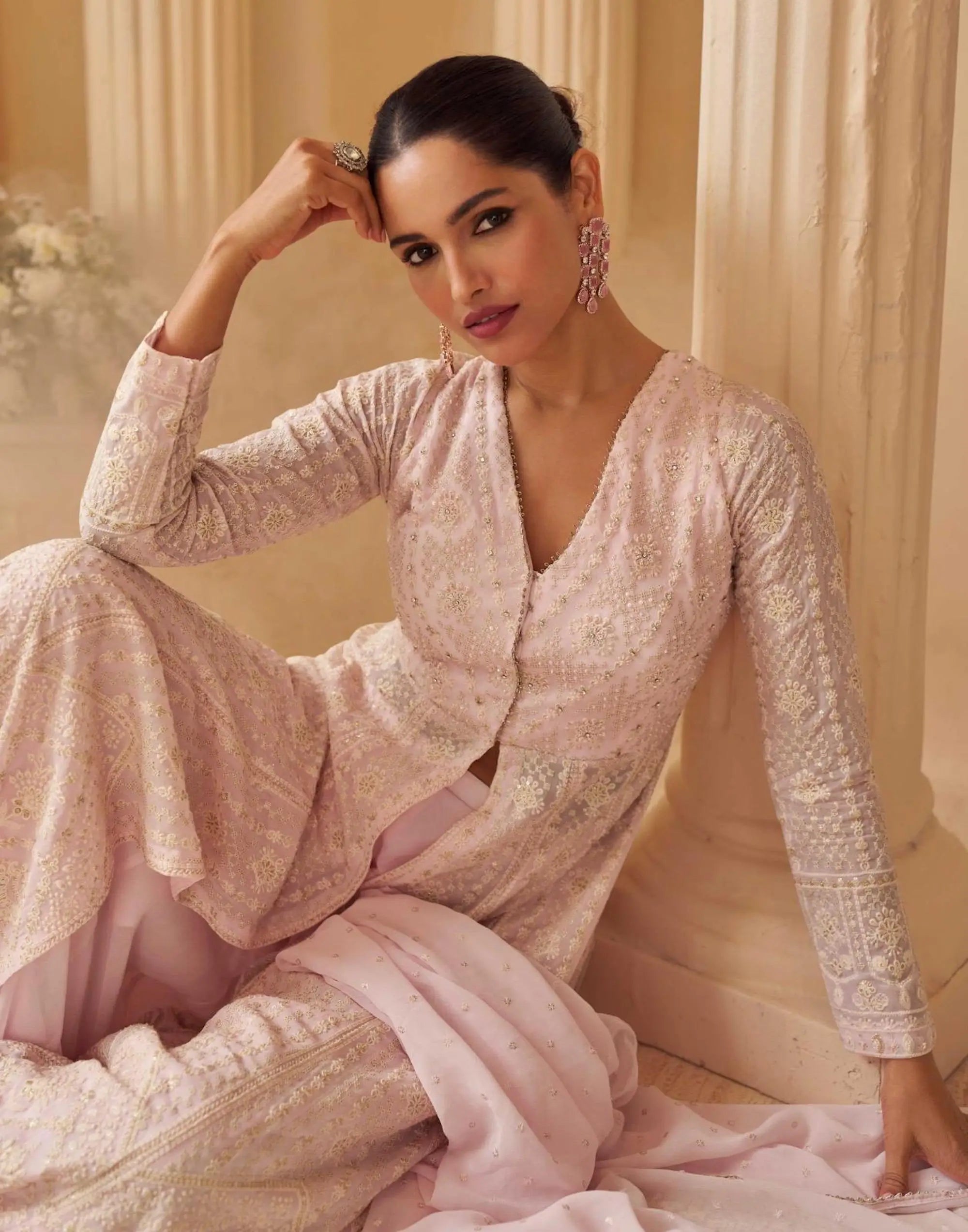 Peach Pink Georgette Embroidery Gown