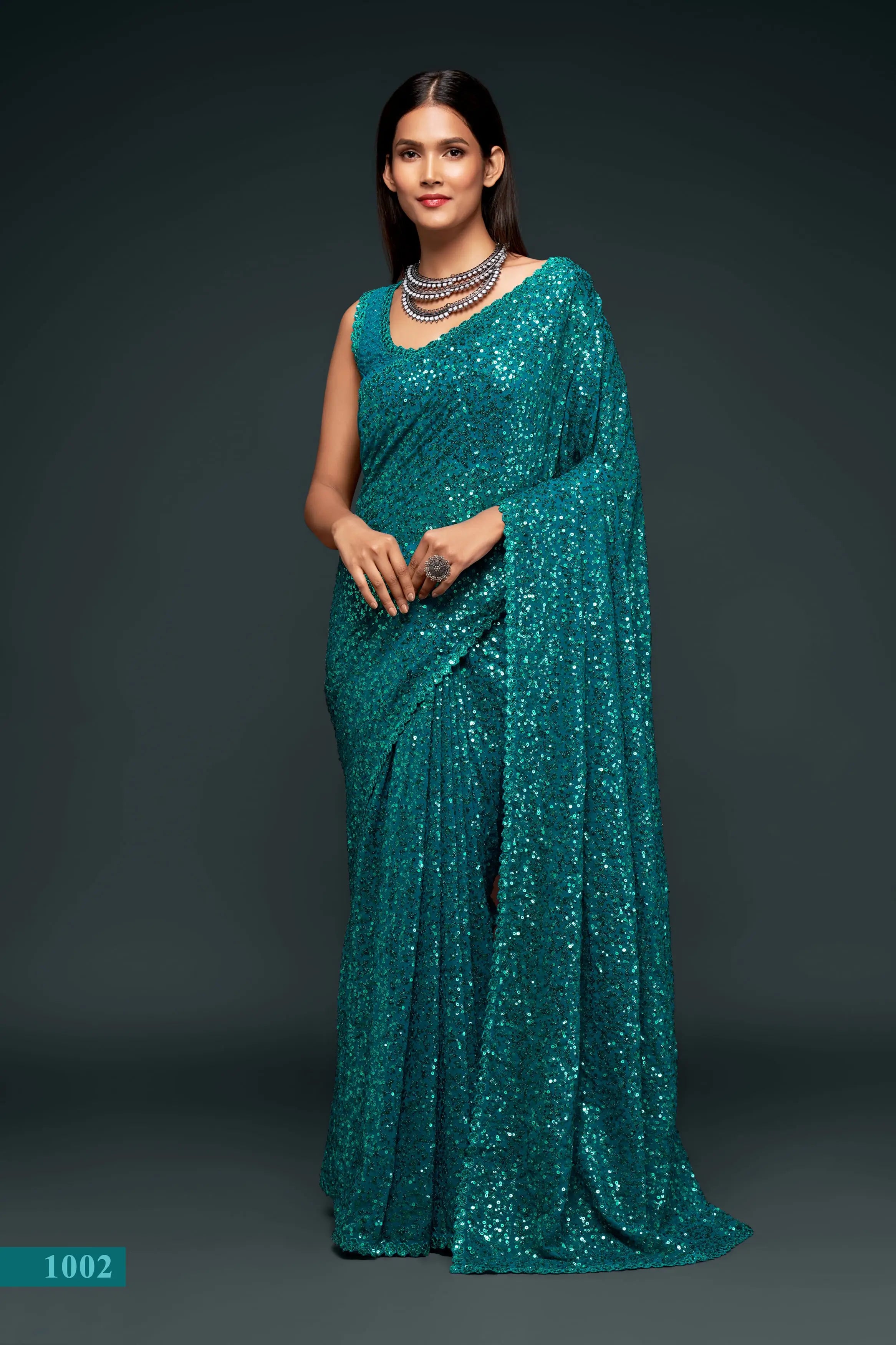 Teal Blue Georgette with Thread And Multiple Sequins Embroidery Work - qivii