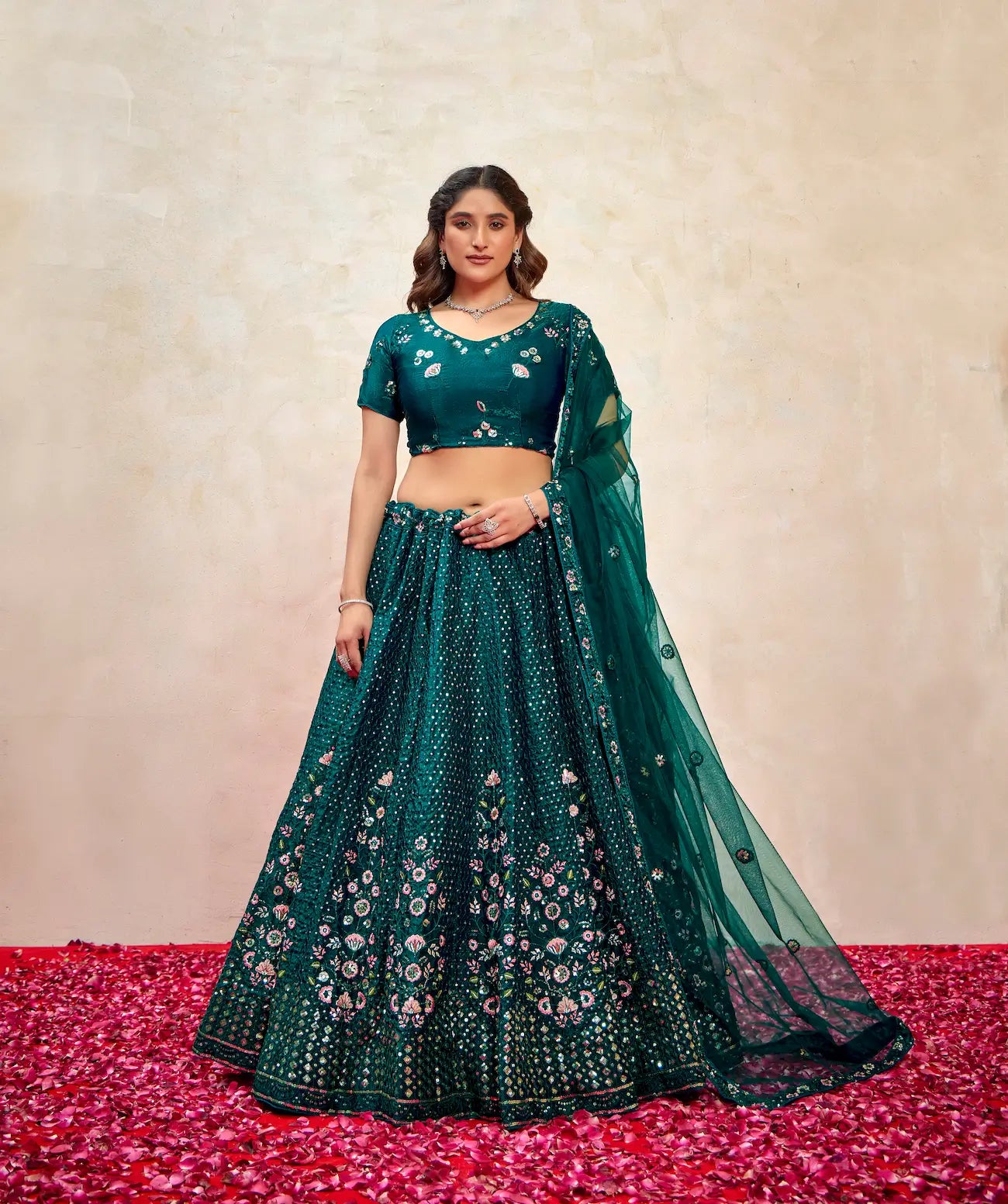 Teal Green Net Thread & Sequence Embroidery Work Lehenga Choli - qivii