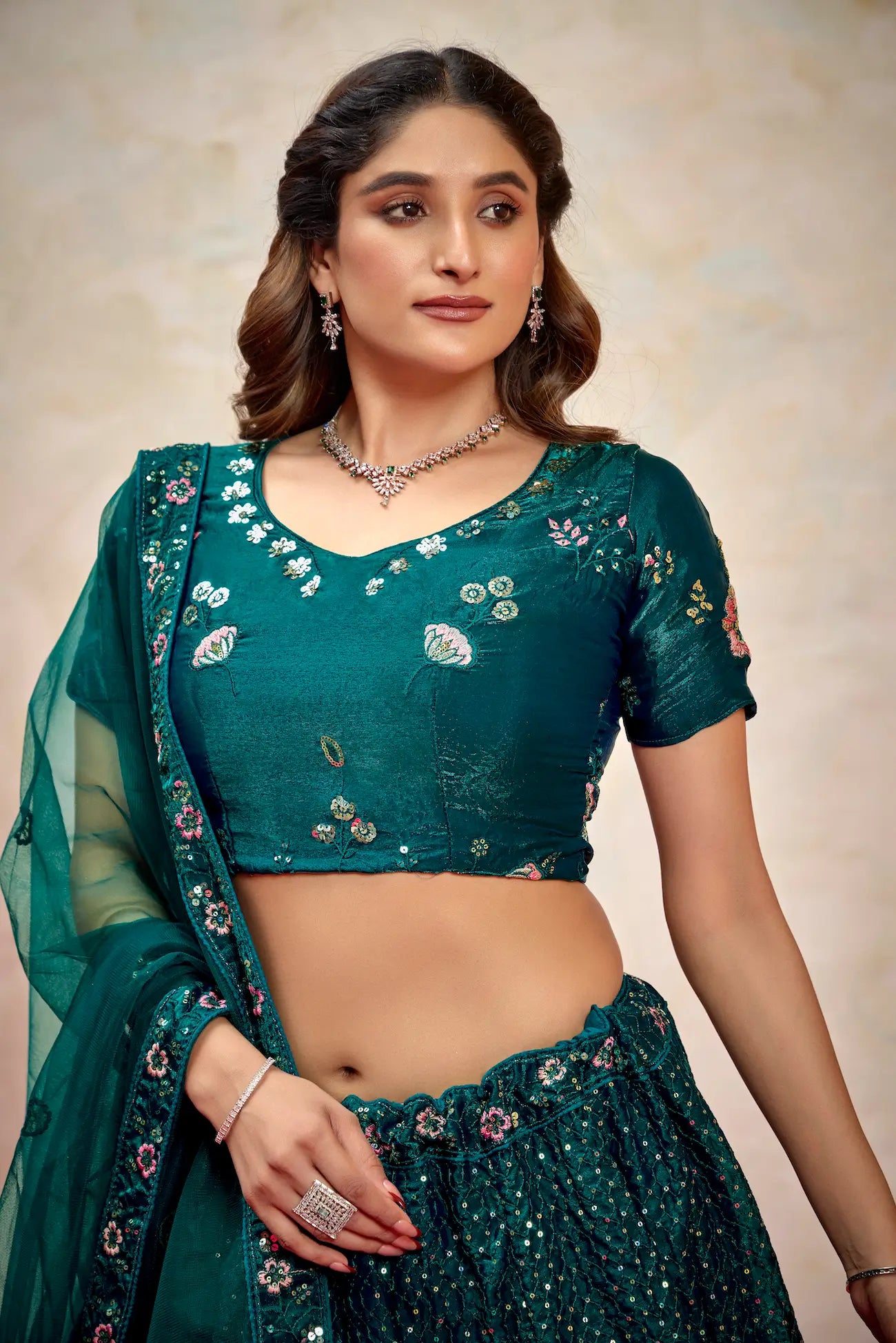 Teal Green Net Thread & Sequence Embroidery Work Lehenga Choli - qivii