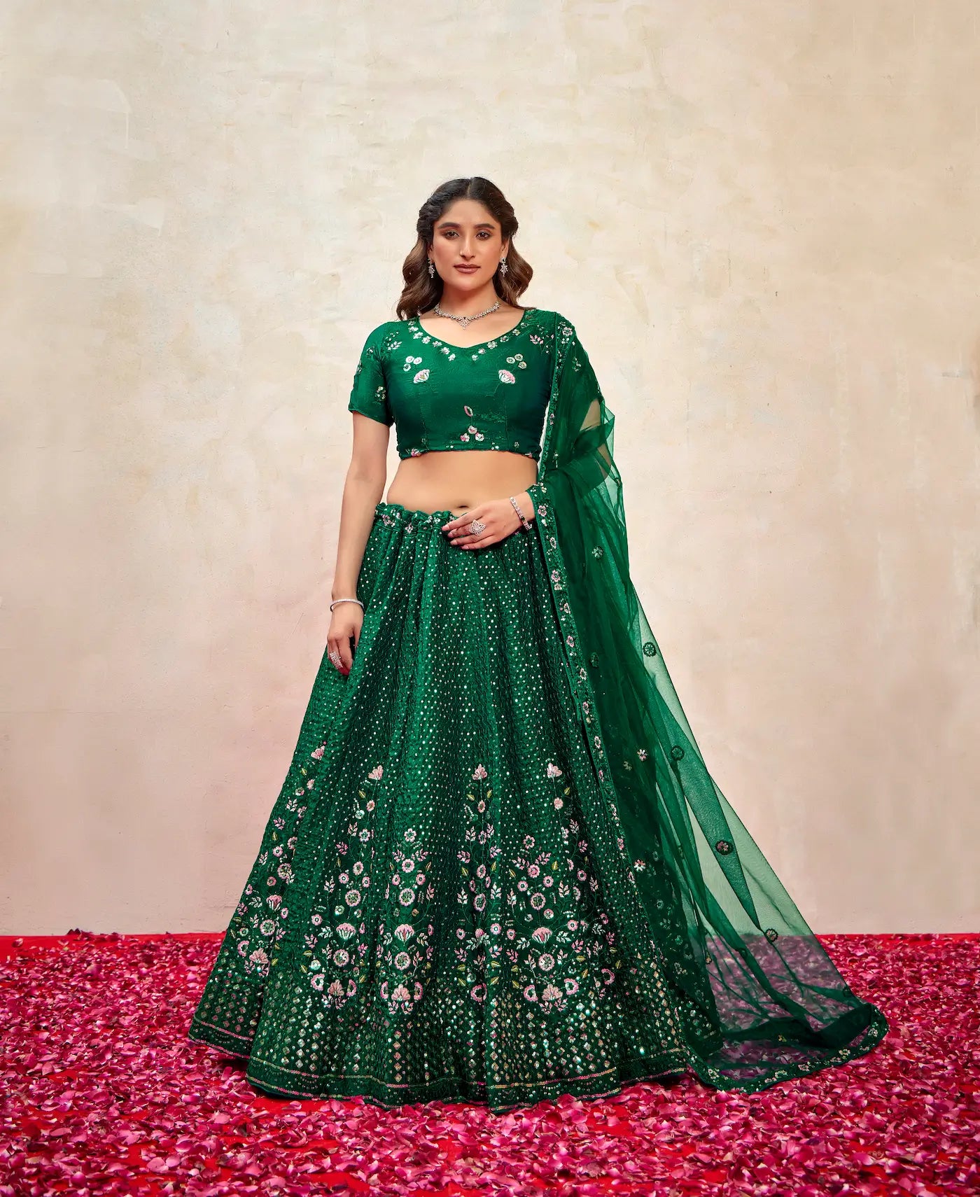 Green Net Thread & Sequence Embroidery Work Lehenga Choli - qivii