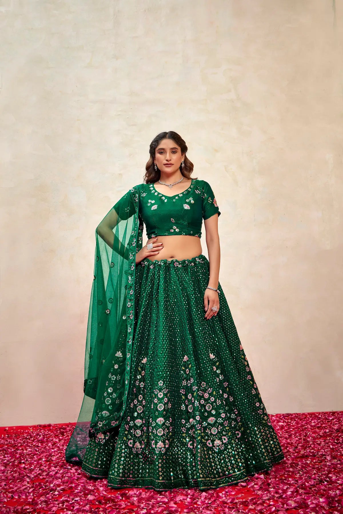 Green Net Thread & Sequence Embroidery Work Lehenga Choli - qivii