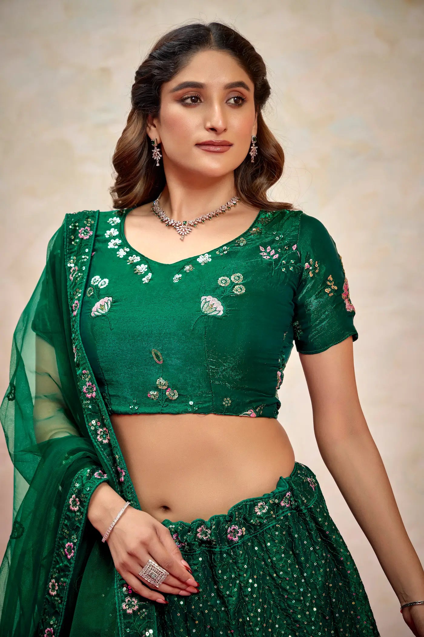 Green Net Thread & Sequence Embroidery Work Lehenga Choli - qivii