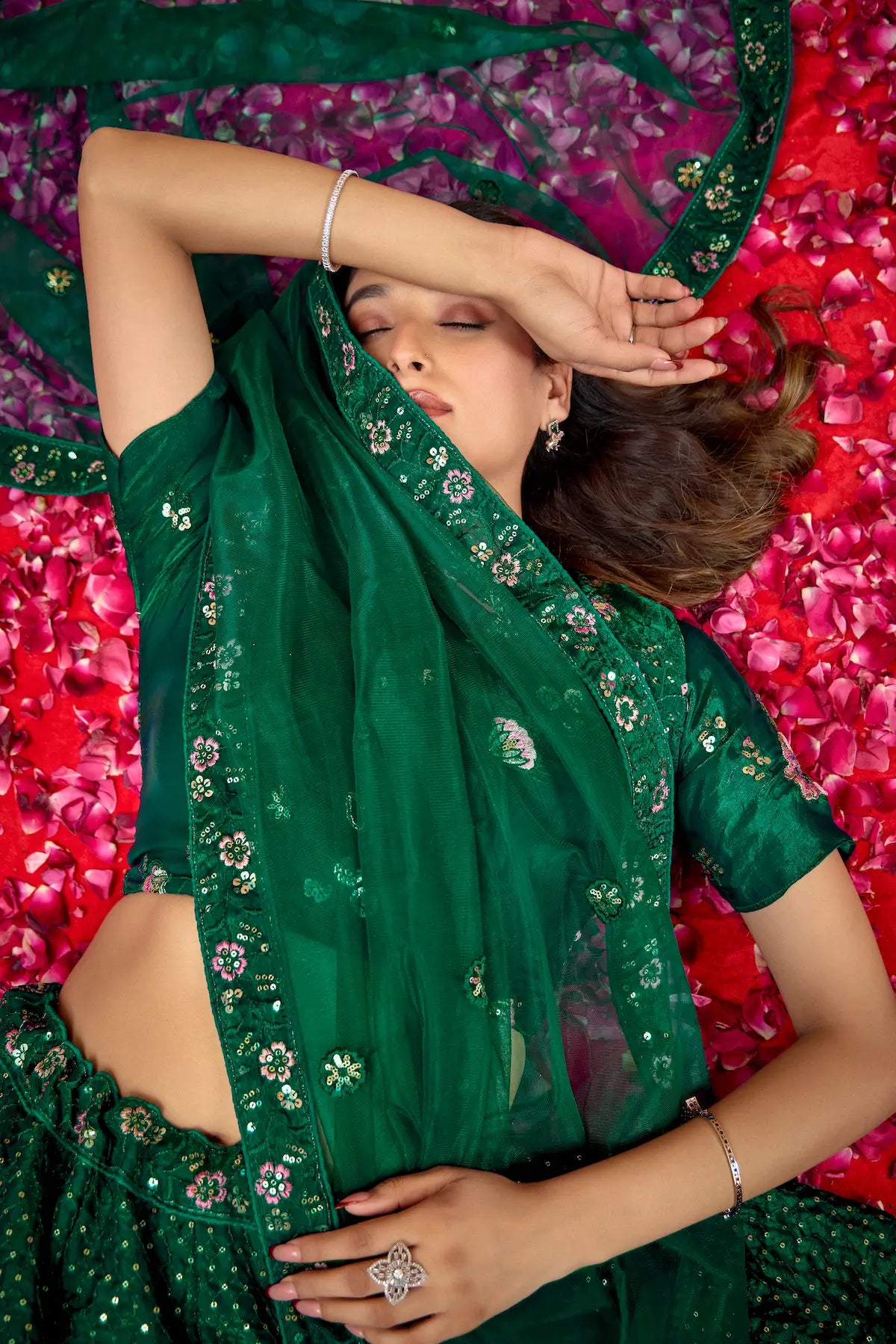 Green Net Thread & Sequence Embroidery Work Lehenga Choli - qivii