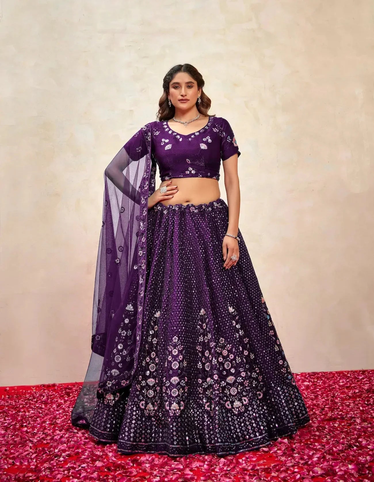 Wine Net Thread & Sequence Embroidery Work Lehenga Choli - qivii