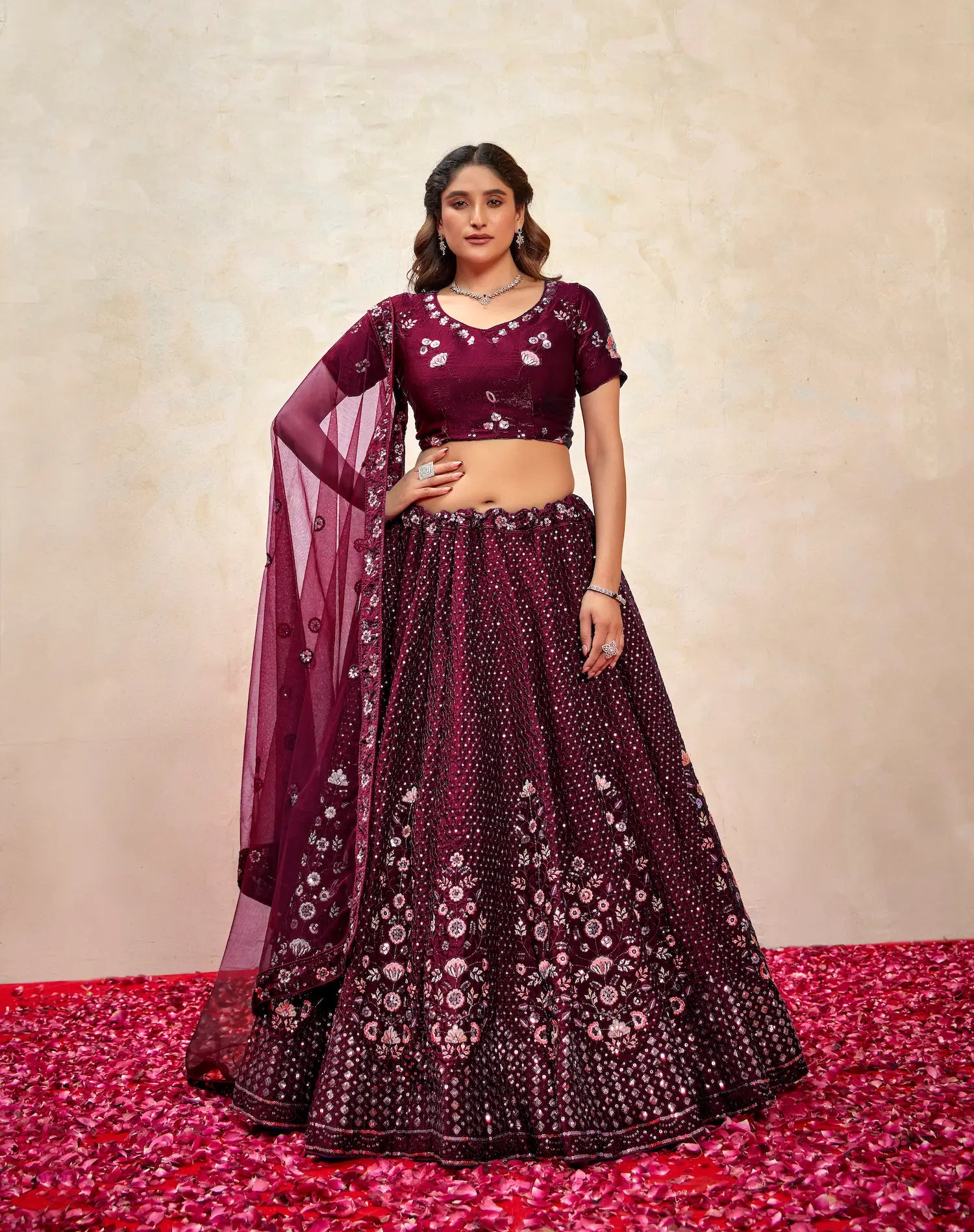 Deep Violet Net Thread & Sequence Embroidery Work Lehenga Choli - qivii