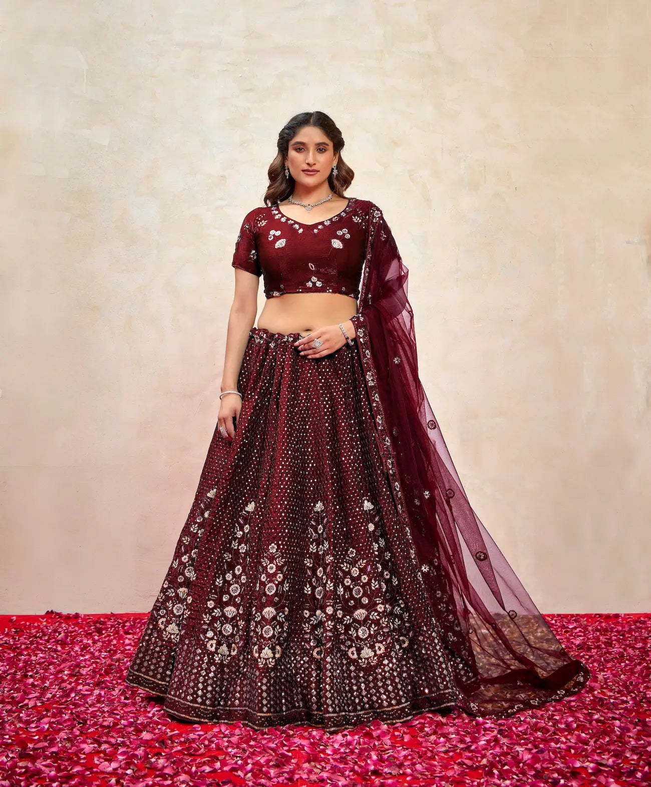 Maroon Net Thread & Sequence Embroidery Work Lehenga Choli - qivii