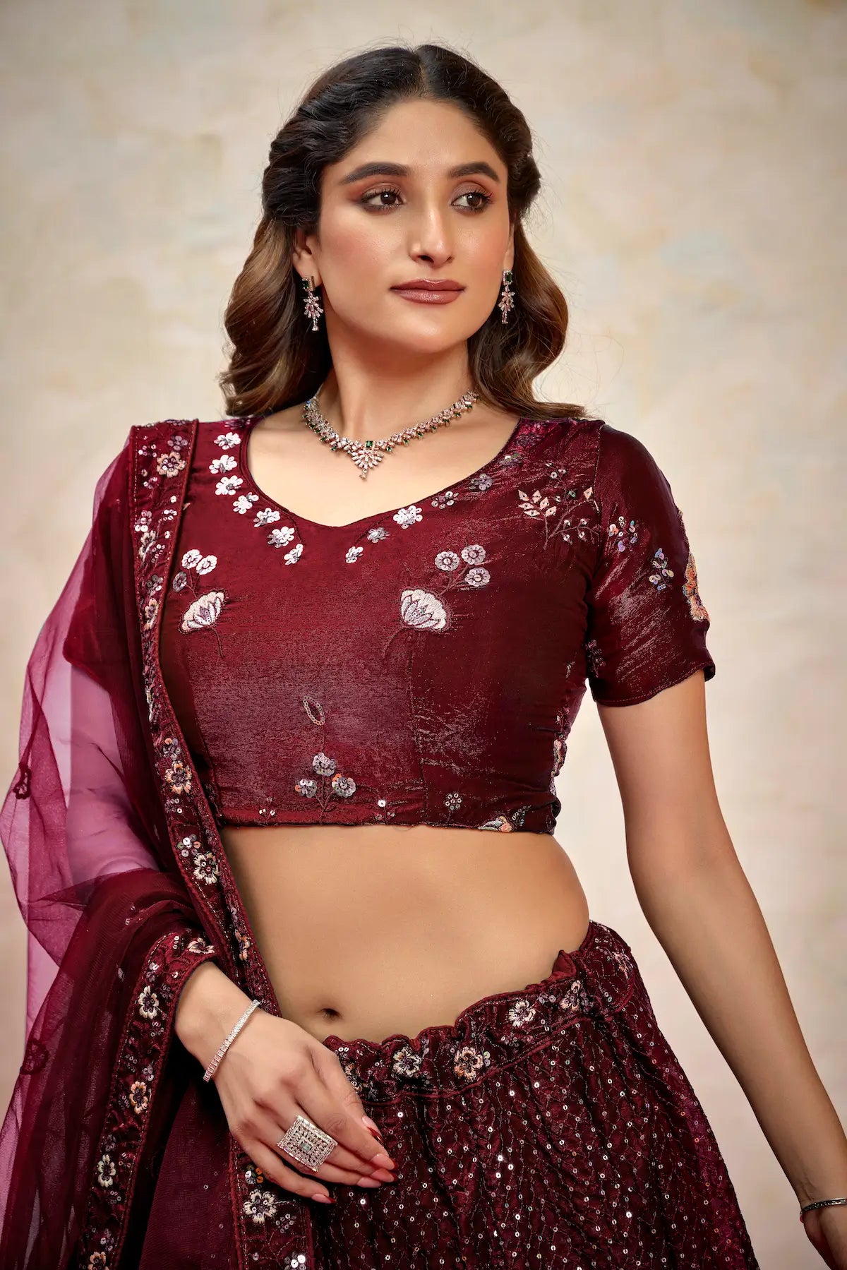 Maroon Net Thread & Sequence Embroidery Work Lehenga Choli - qivii